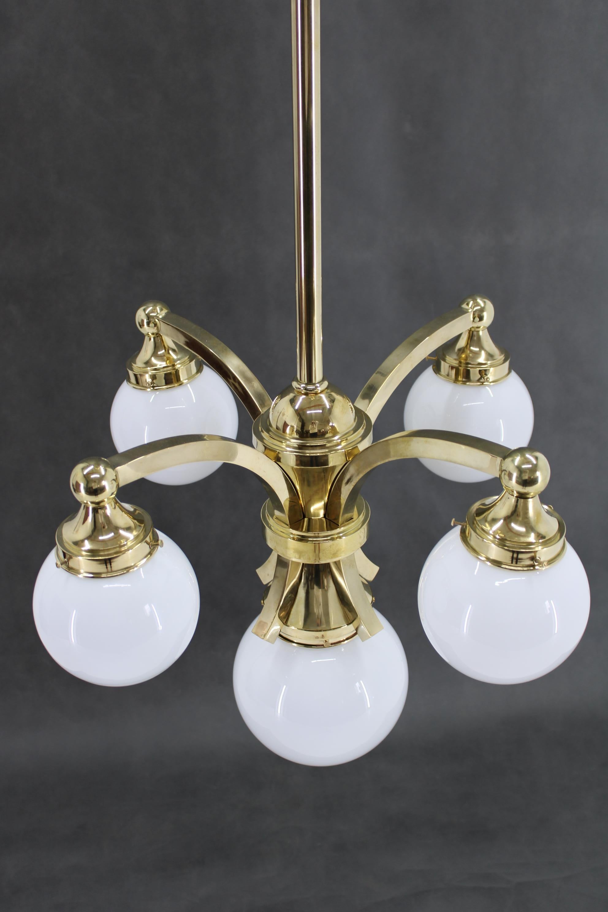 1930s Restored Brass Chandelier, Czechoslovakia For Sale 4