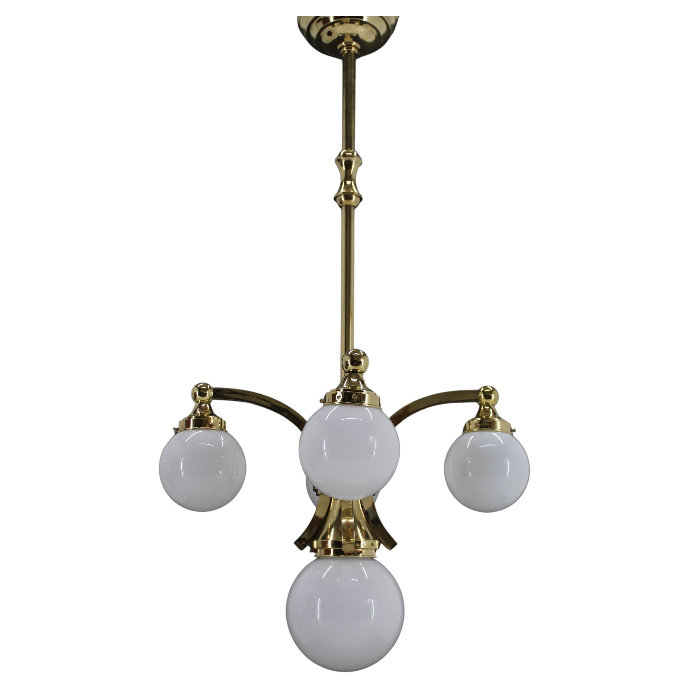 1930s Restored Brass Chandelier, Czechoslovakia