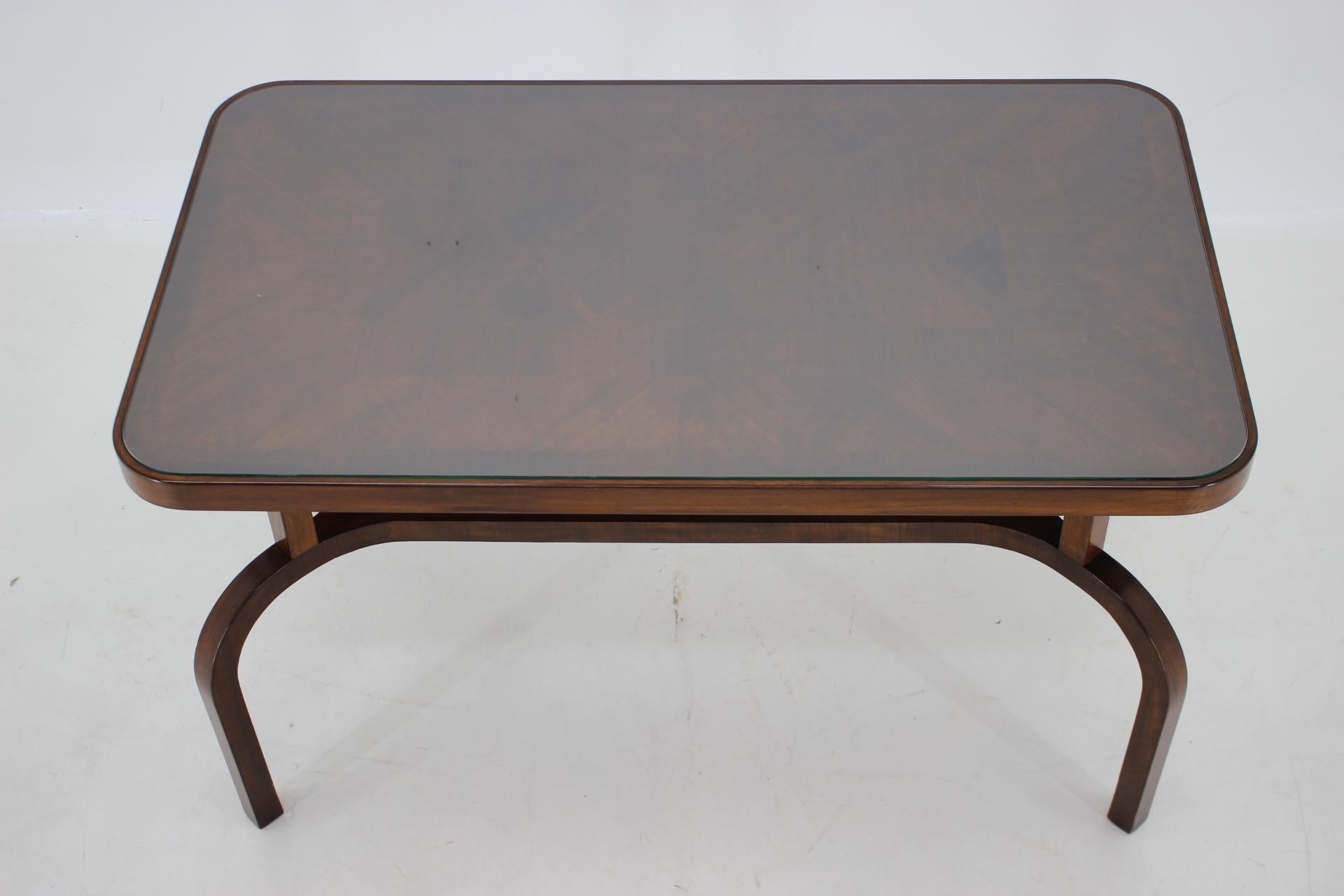 Mid-Century Modern 1930s Restored Coffee Table in Walnut with Glass Top, Czechoslovakia For Sale