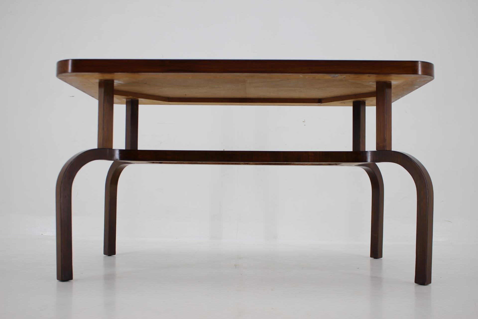 Mid-20th Century 1930s Restored Coffee Table in Walnut with Glass Top, Czechoslovakia For Sale