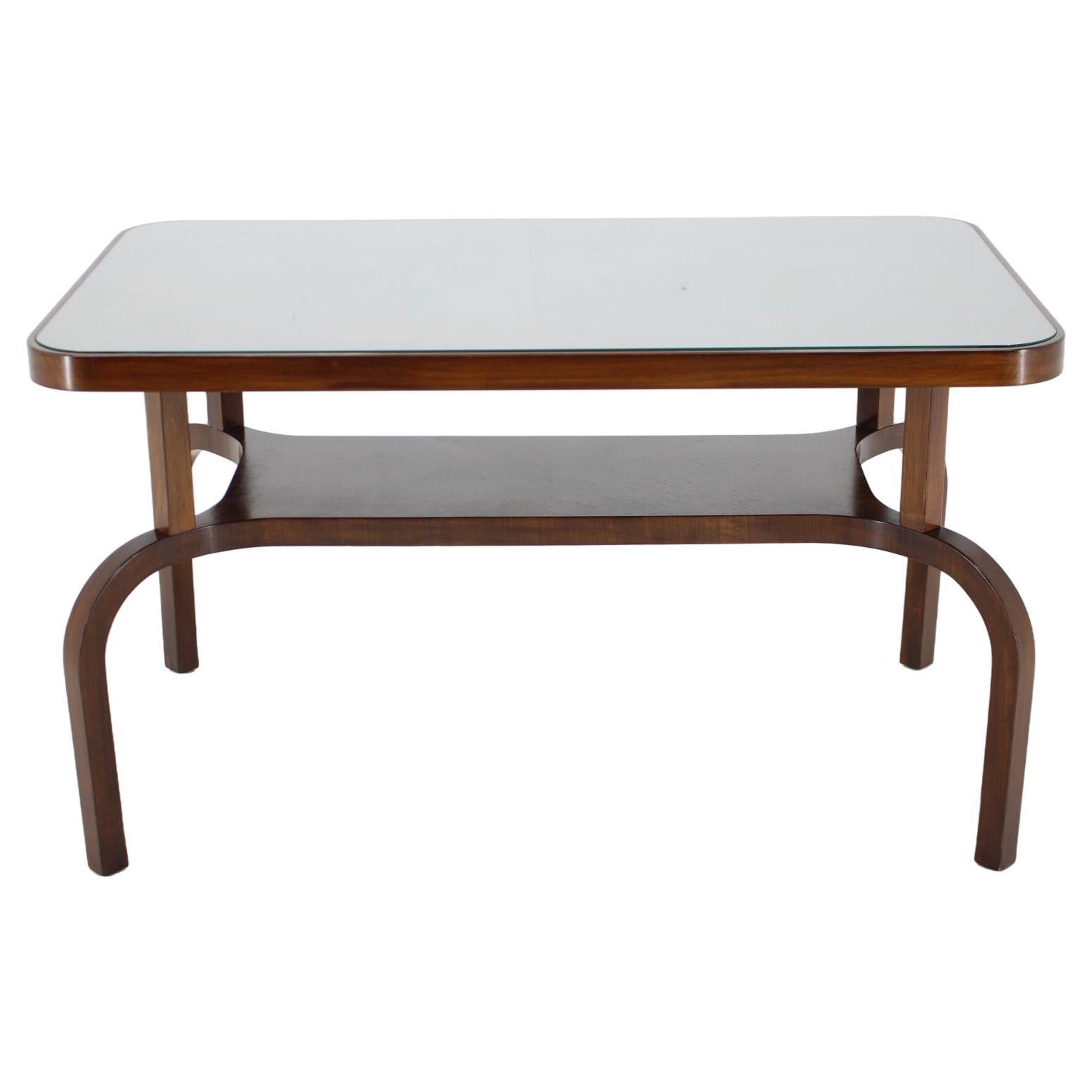 1930s Restored Coffee Table in Walnut with Glass Top, Czechoslovakia For Sale