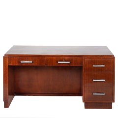 1930s Restored French Art Deco Mahogany and Chrome Executive Desk w/ Bookshelves