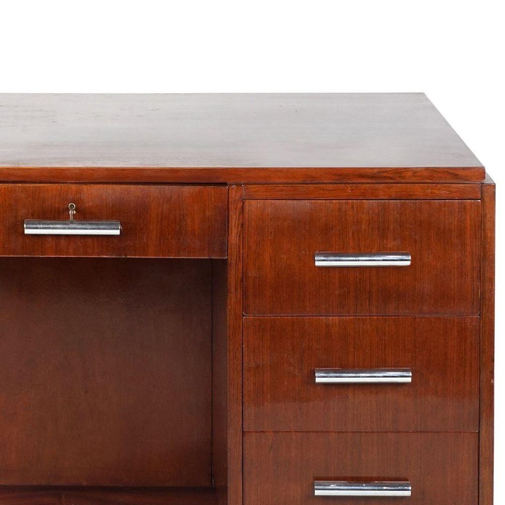 Cromo Scrivania direzionale Art Deco francese restaurata degli anni '30 in mogano e cromo con librerie in vendita