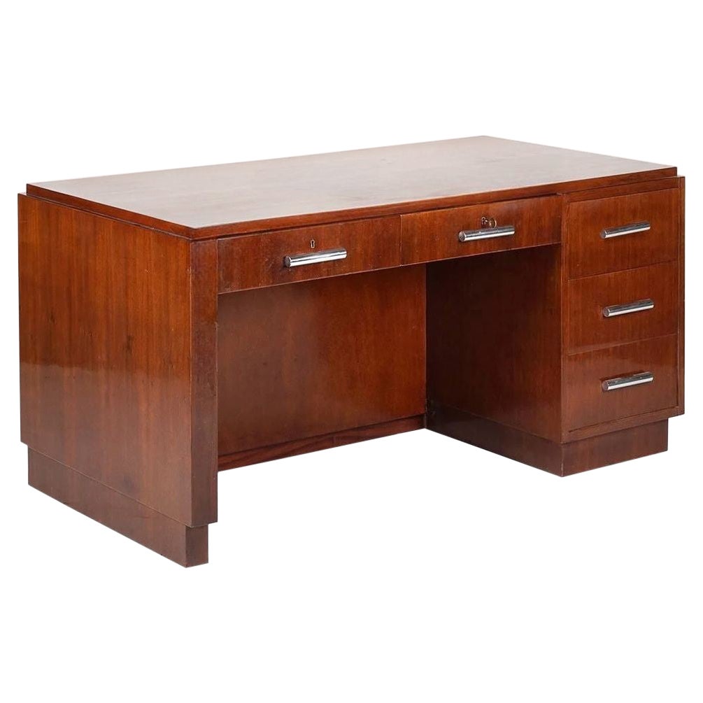 1930er Jahre restauriert Französisch Art Deco Mahagoni und Chrom Executive Schreibtisch w / Bücherregale