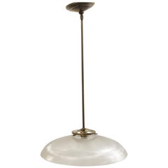 1930s Restored Ribbed Holophane Glass Globe Pendant Light with Brass Hardware