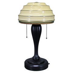 1930s Restored Wooden Table Lamp Glass Shade