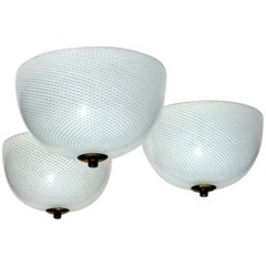 1930s "Reticello" by Venini Art Deco Murano Glass 3 Flush Mounts Lamps