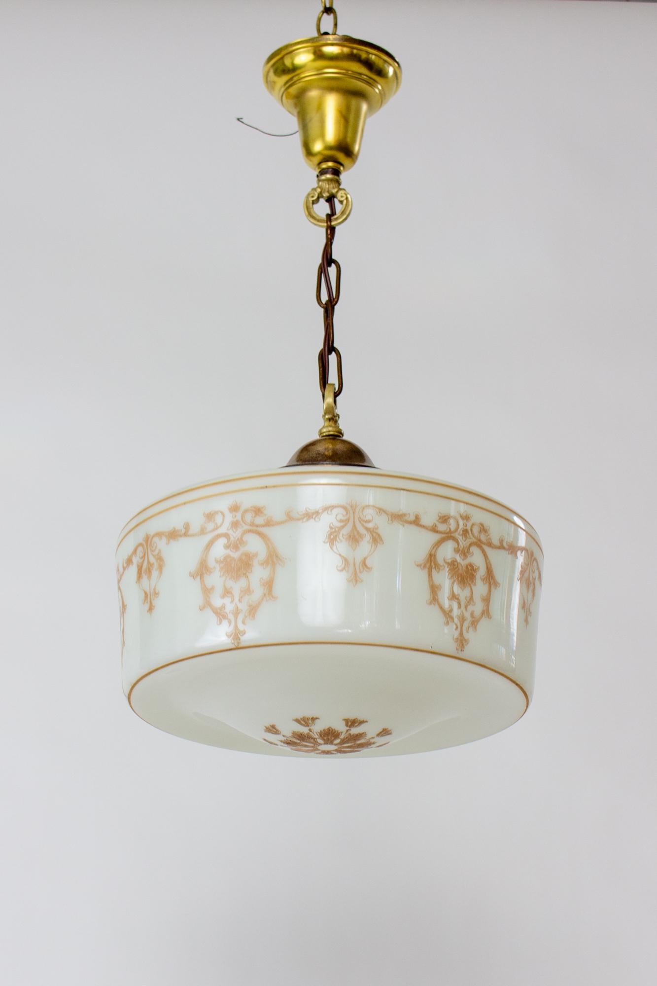 Brass 1930’s Revival Monax Glass Applique Pendant For Sale