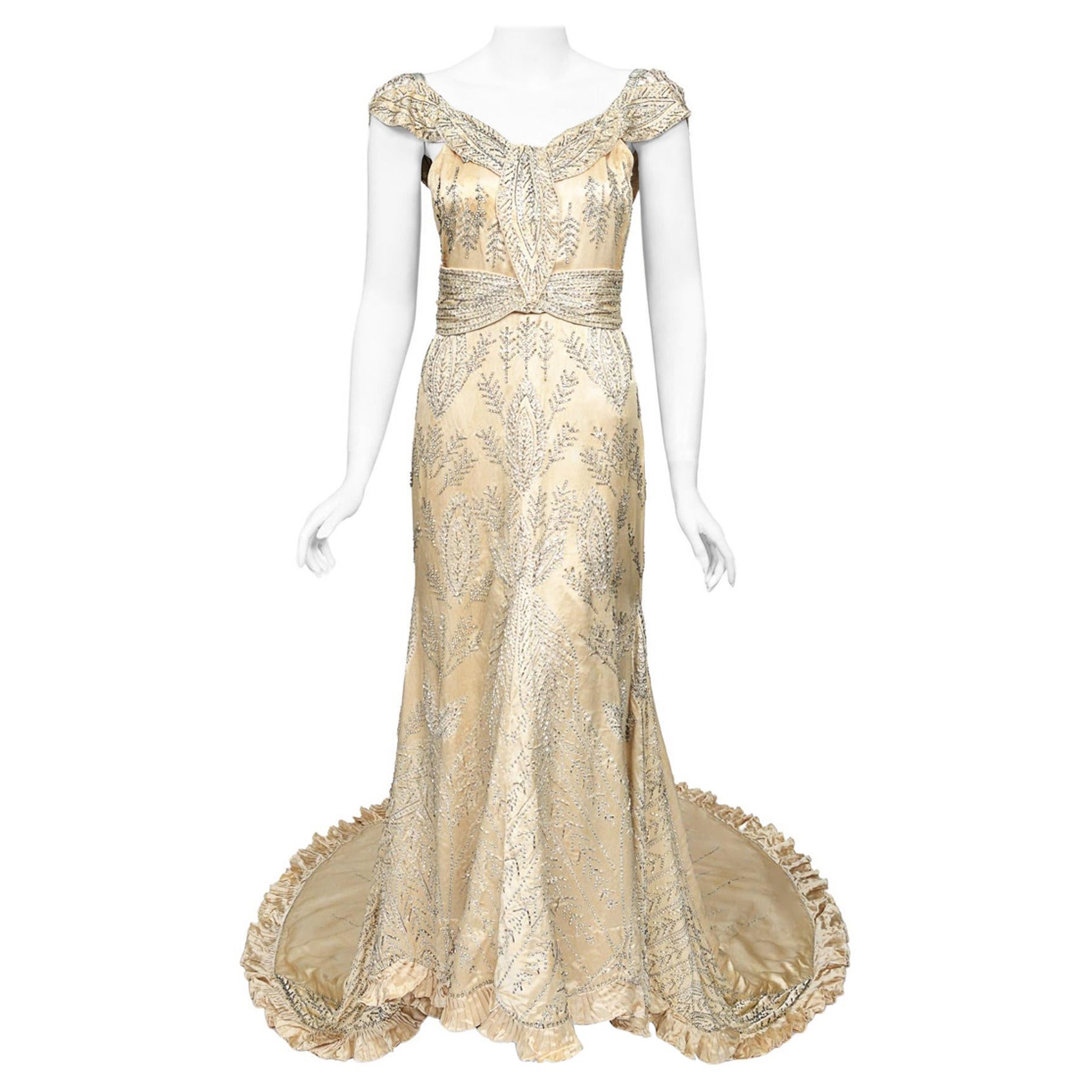 1930s Rhinestone Beaded Candlelight Silk Trained Old Hollywood Deco Couture Gown For Sale