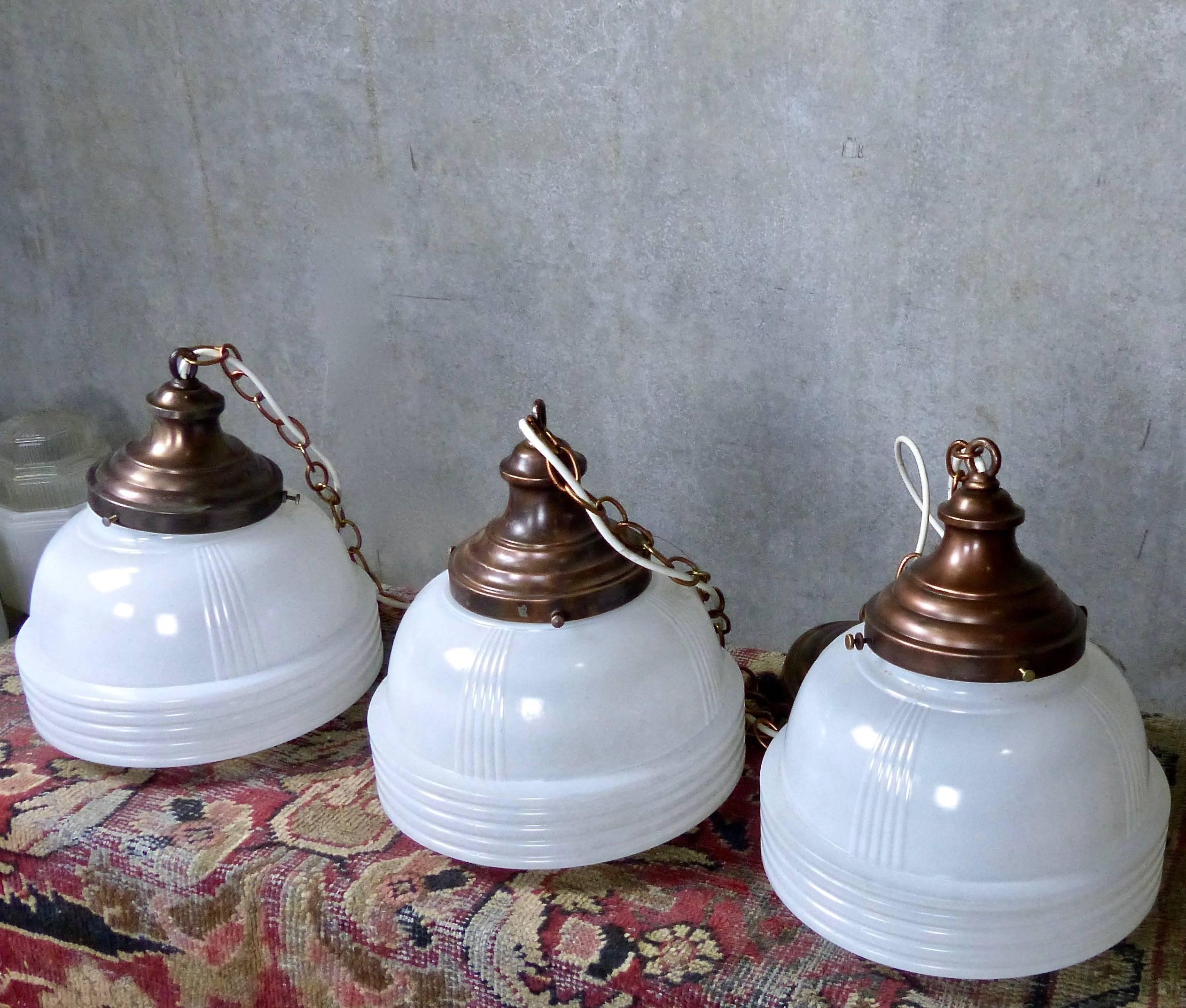 Copper 1930s Ribbed Milk Glass Ceiling Pendant Lights