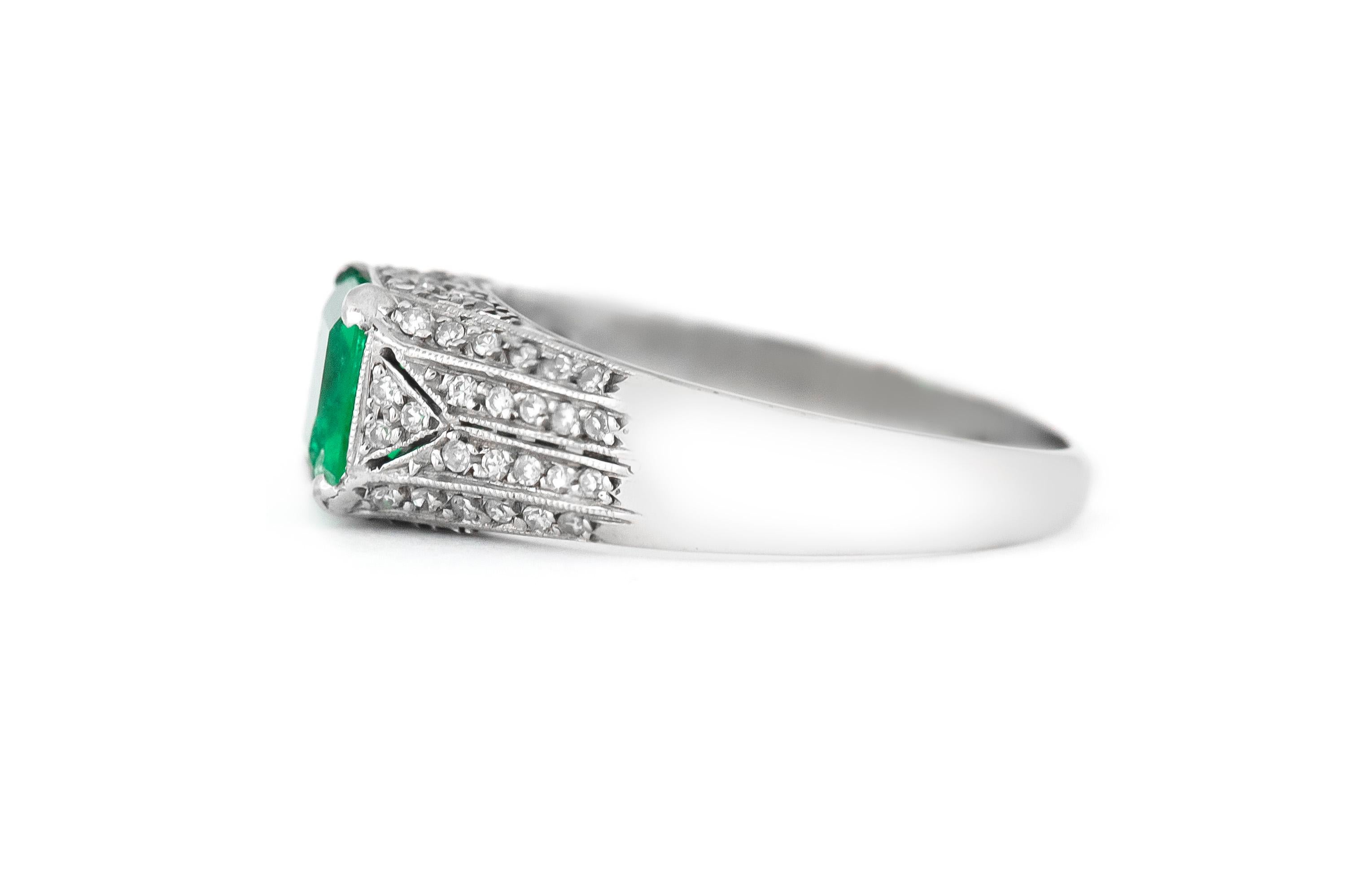 The ring is finely crafted in platinum with emerald weighing approximately total of 1.00 and diamonds weighing approximately total of 0.60 carat.
Circa 1930