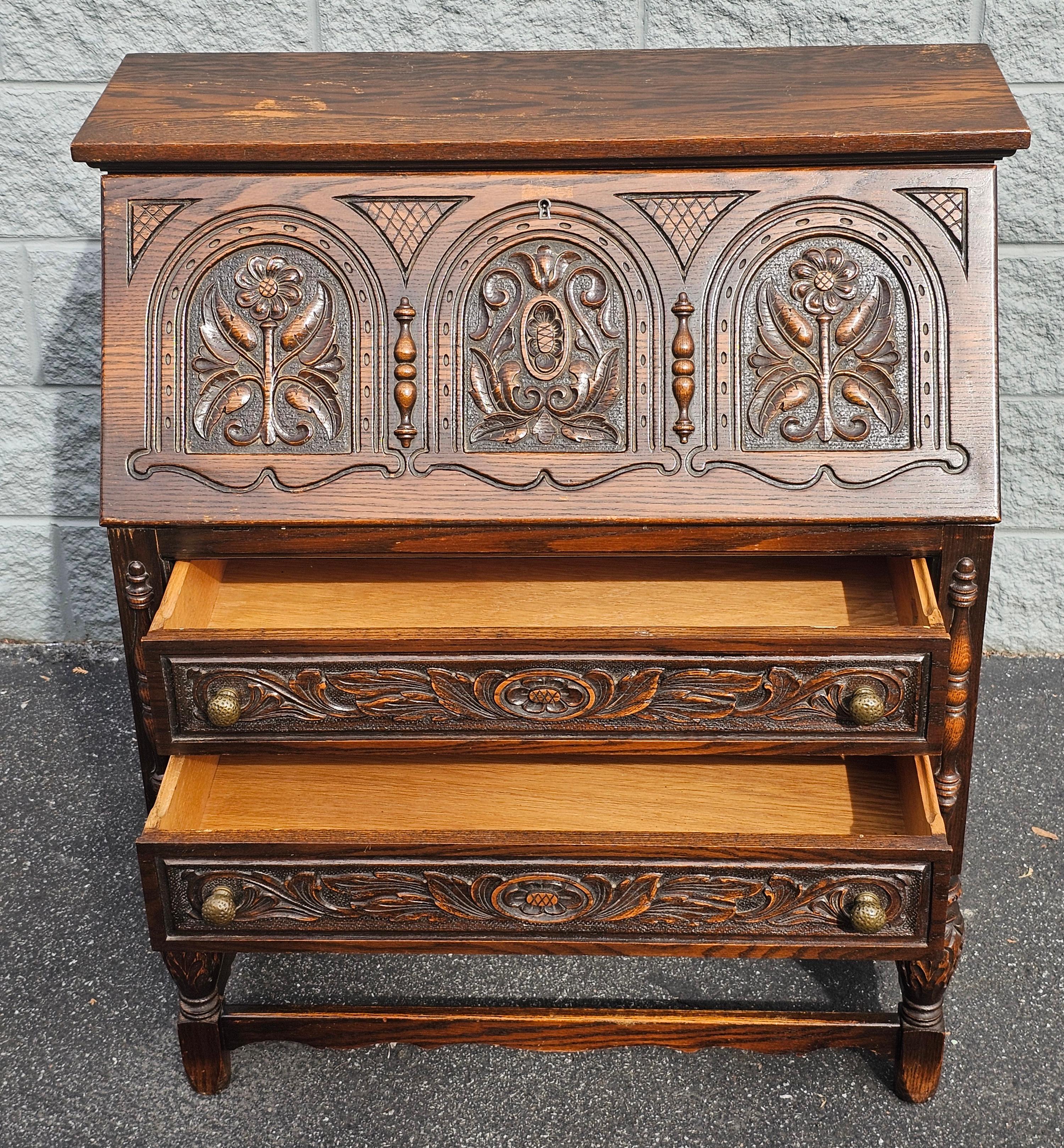 Hand-Carved 1930s Rockford Furniture Jacobean Style Handcrafted Secretary Desk For Sale