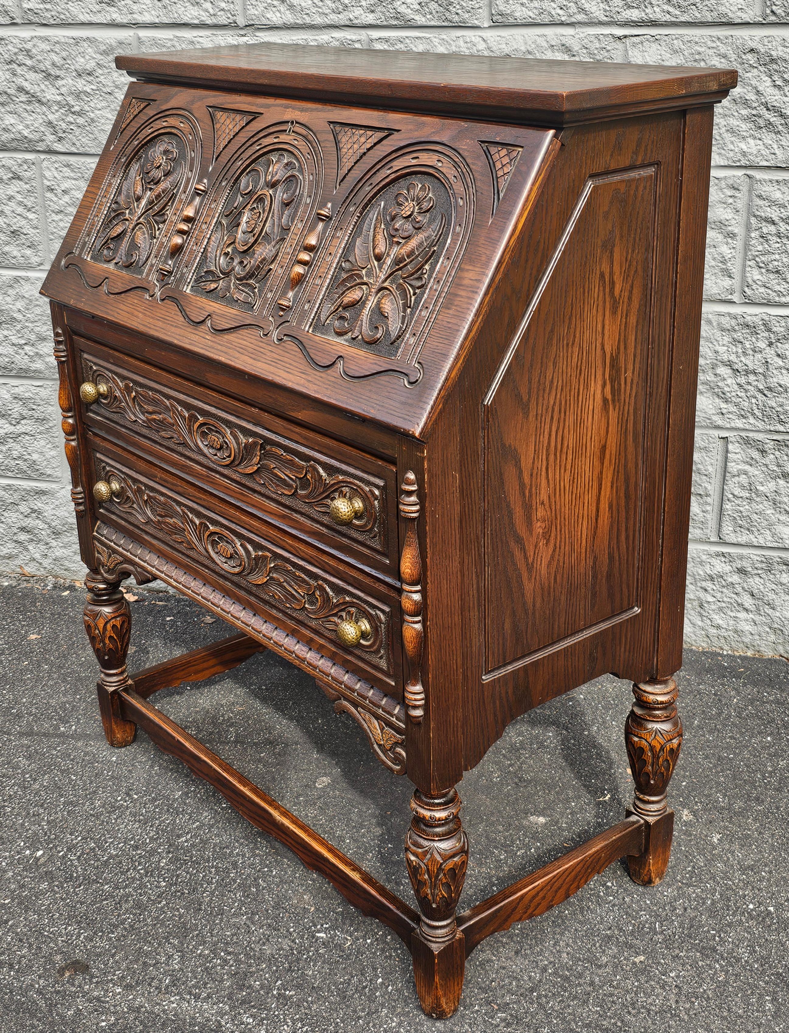 20th Century 1930s Rockford Furniture Jacobean Style Handcrafted Secretary Desk For Sale