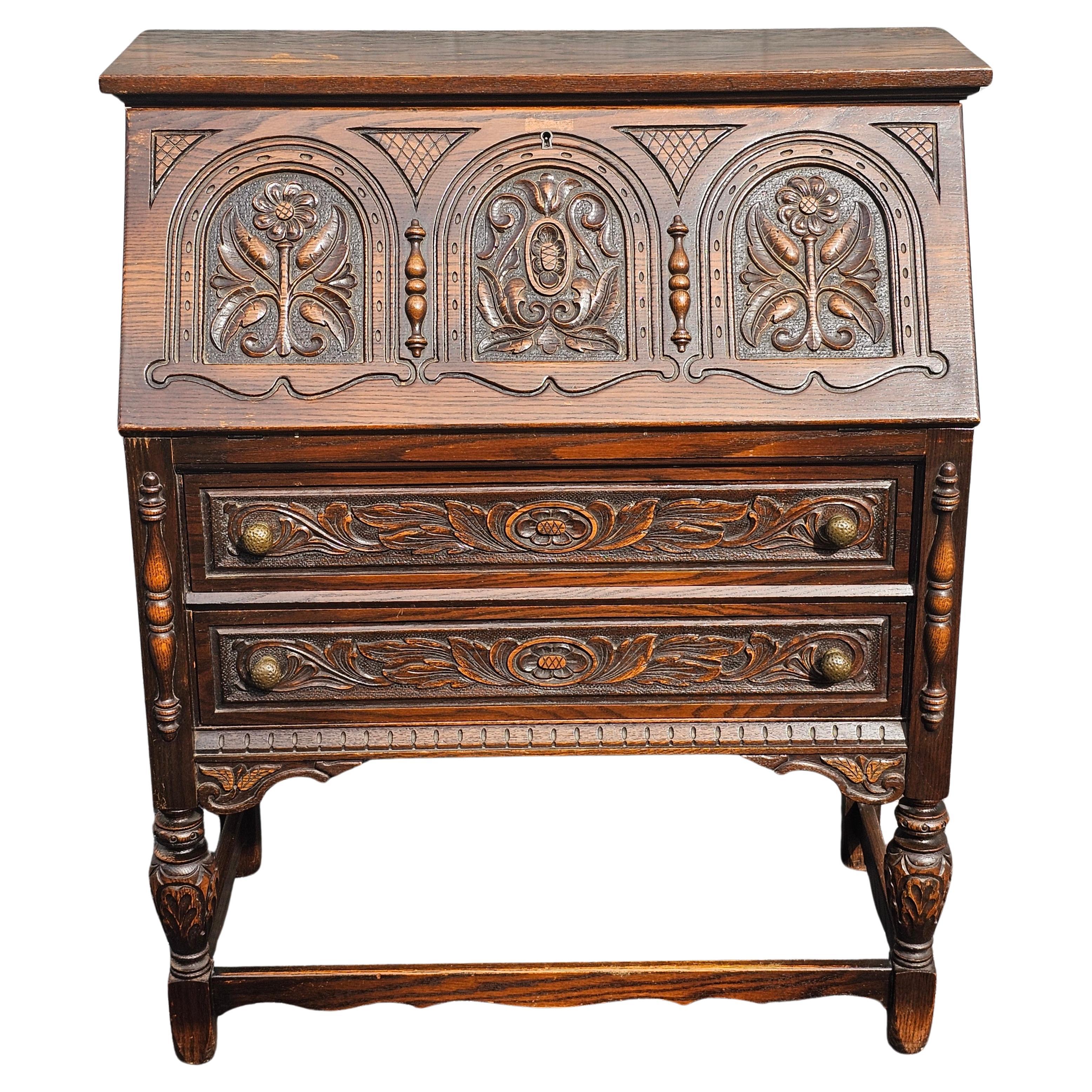 1930s Rockford Furniture Jacobean Style Handcrafted Secretary Desk For Sale