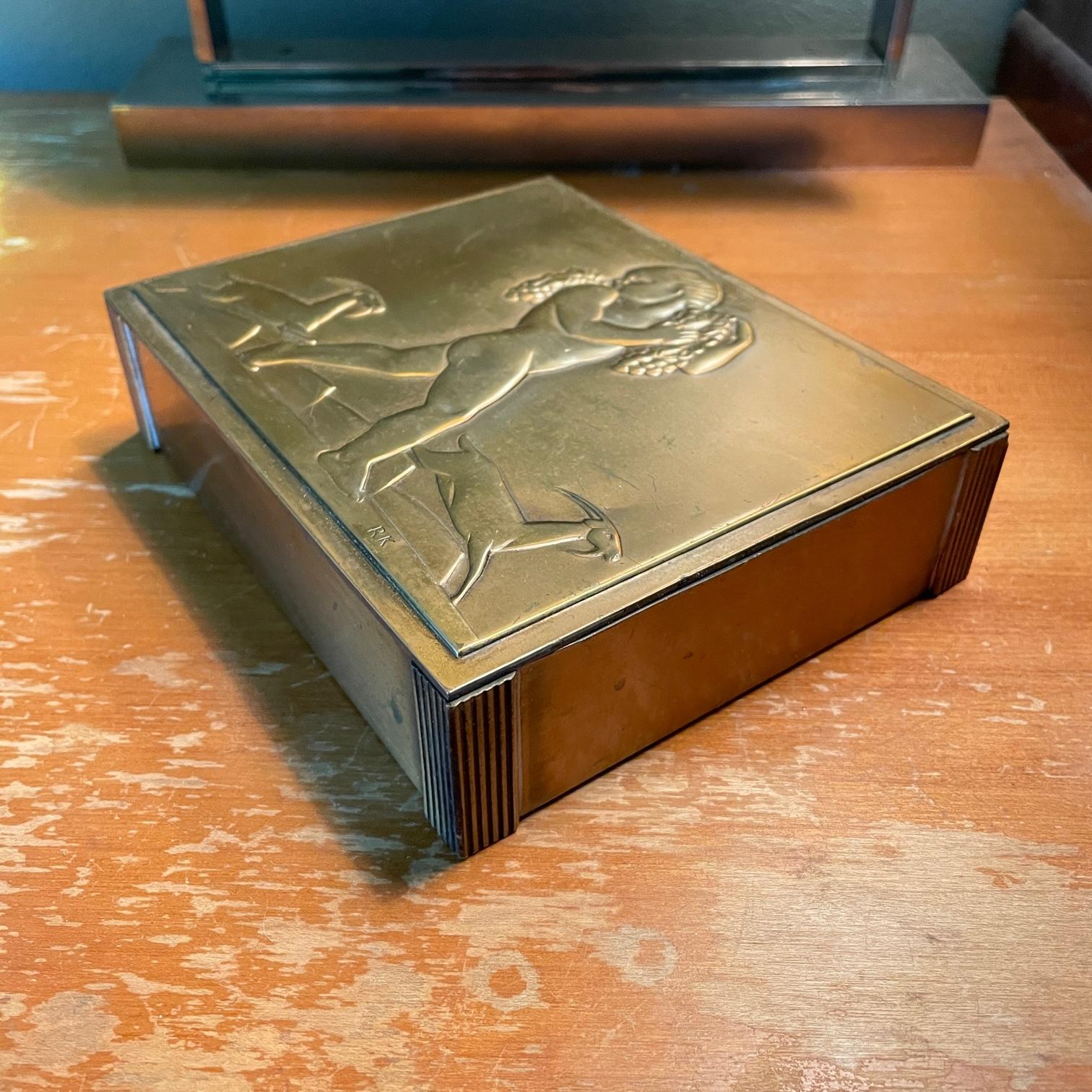 1930s Rockwell Kent Bacchus Copper Cigarette Box Chase Art Deco Relief Sculpture In Fair Condition For Sale In Hyattsville, MD