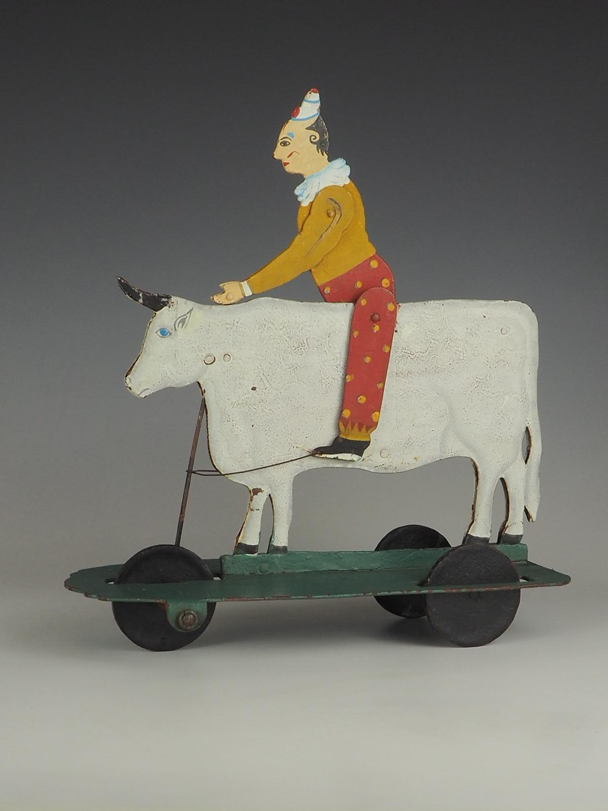 20th Century 1930s Rodeo Clown on a Bull Pull Toy For Sale