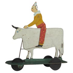 Vintage 1930s Rodeo Clown on a Bull Pull Toy