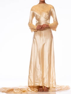 1930'S ROSE AMADO Champagne Bias Cut Silk Satin Wedding Gown With Victorian Han