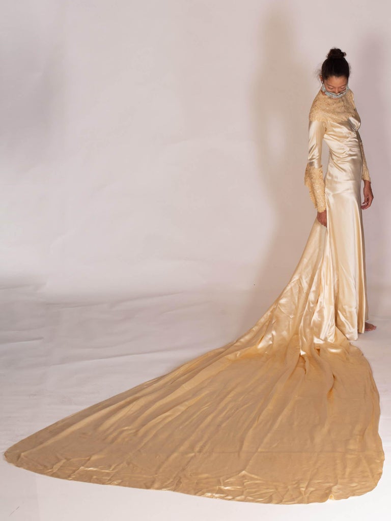 1930'S ROSE AMADO Champagne Bias Cut Silk Satin Wedding Gown With Victorian Han at 1stDibs | 30s style wedding dress, rose han wedding, 1930s wedding dresses 1930'S ROSE AMADO Champagne Bias Cut Silk Satin Wedding Gown With Victorian Han at 1stDibs | 30s style wedding dress, rose han wedding, 1930s wedding dresses