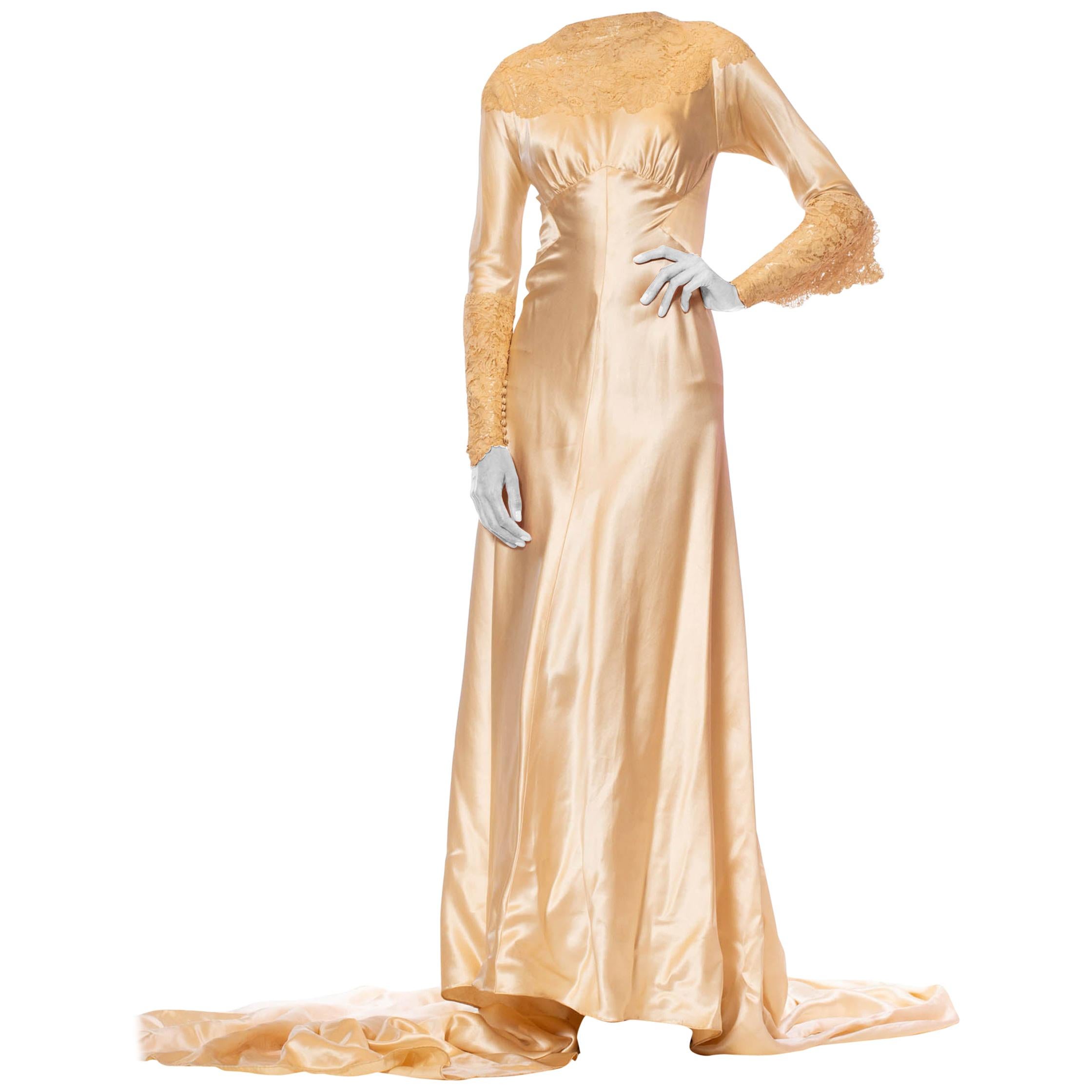 1930'S ROSE AMADO Champagne Bias Cut Silk Satin Wedding Gown With Victorian Han