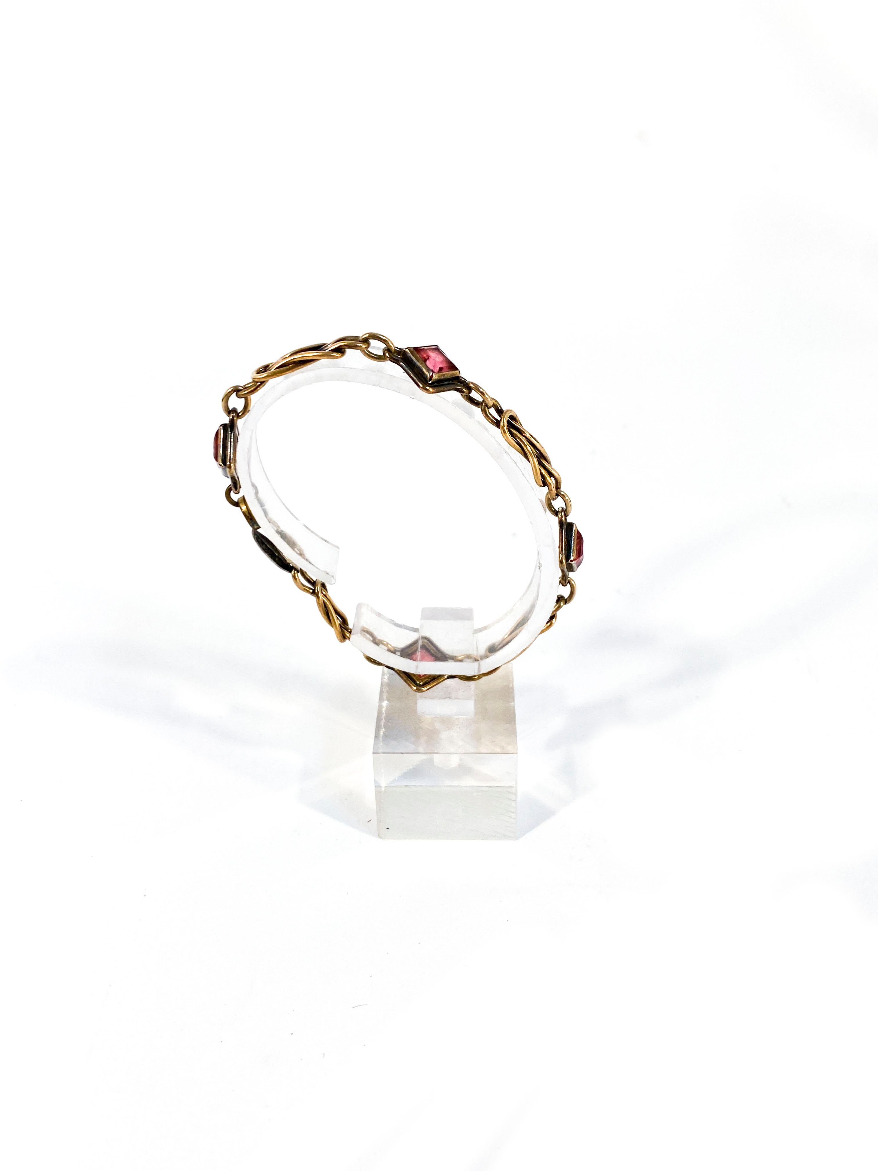 Art Deco 1930s Rose Colored Czech Glass Sterling Gold-wash Bracelet