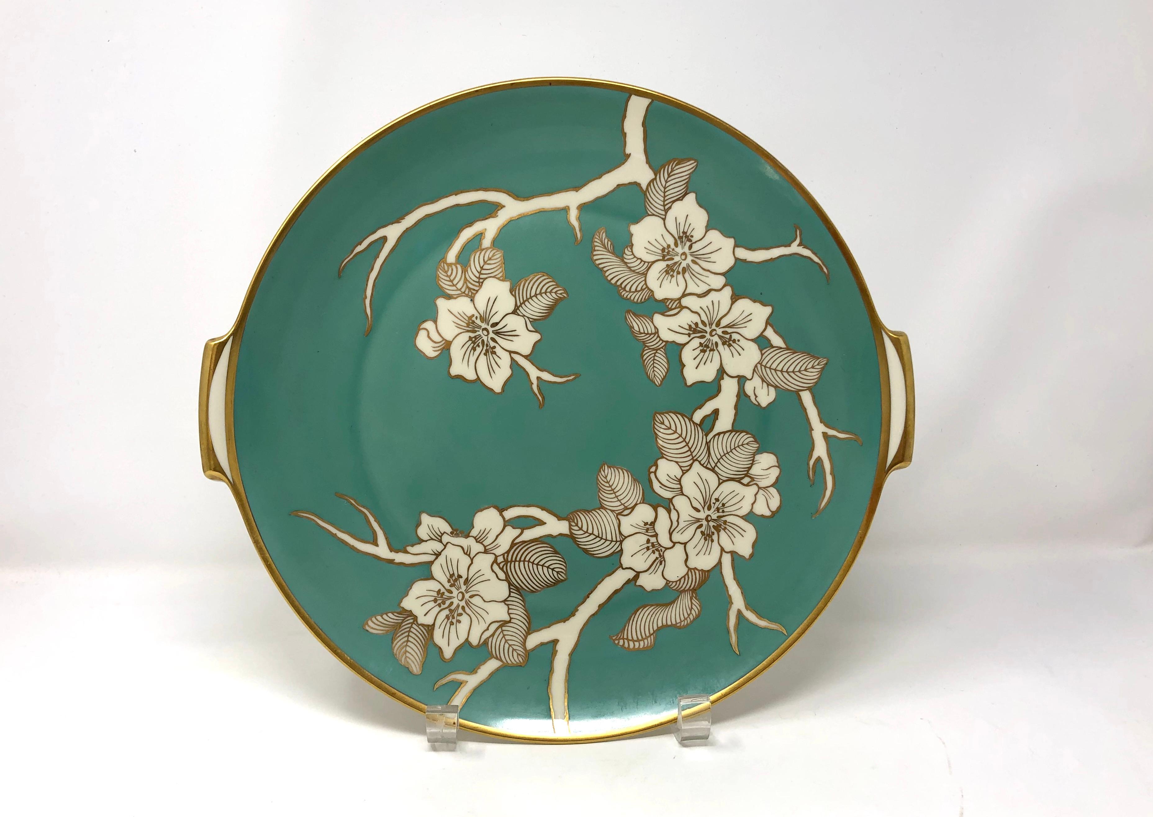 Eye-catching, romantic Rosenthal Selb hand-painted serving plate or platter with cherry blossoms outlined in gold, set on a background of the loveliest greenish-blue. This is not your grandmother's floral platter! Very classy with perfectly