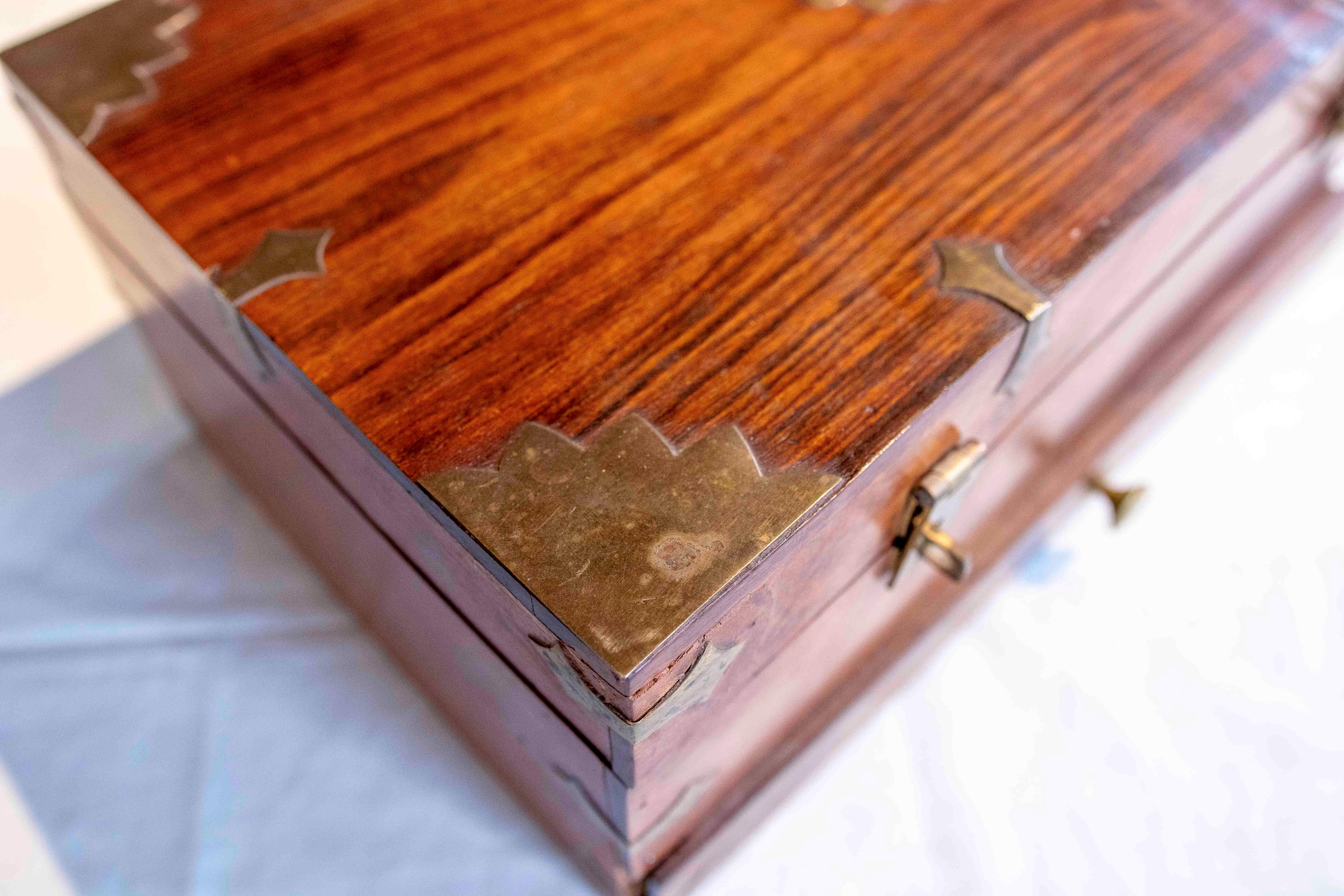 1930s Rosewood Campaign Desk Box with Brass Fittings For Sale 6