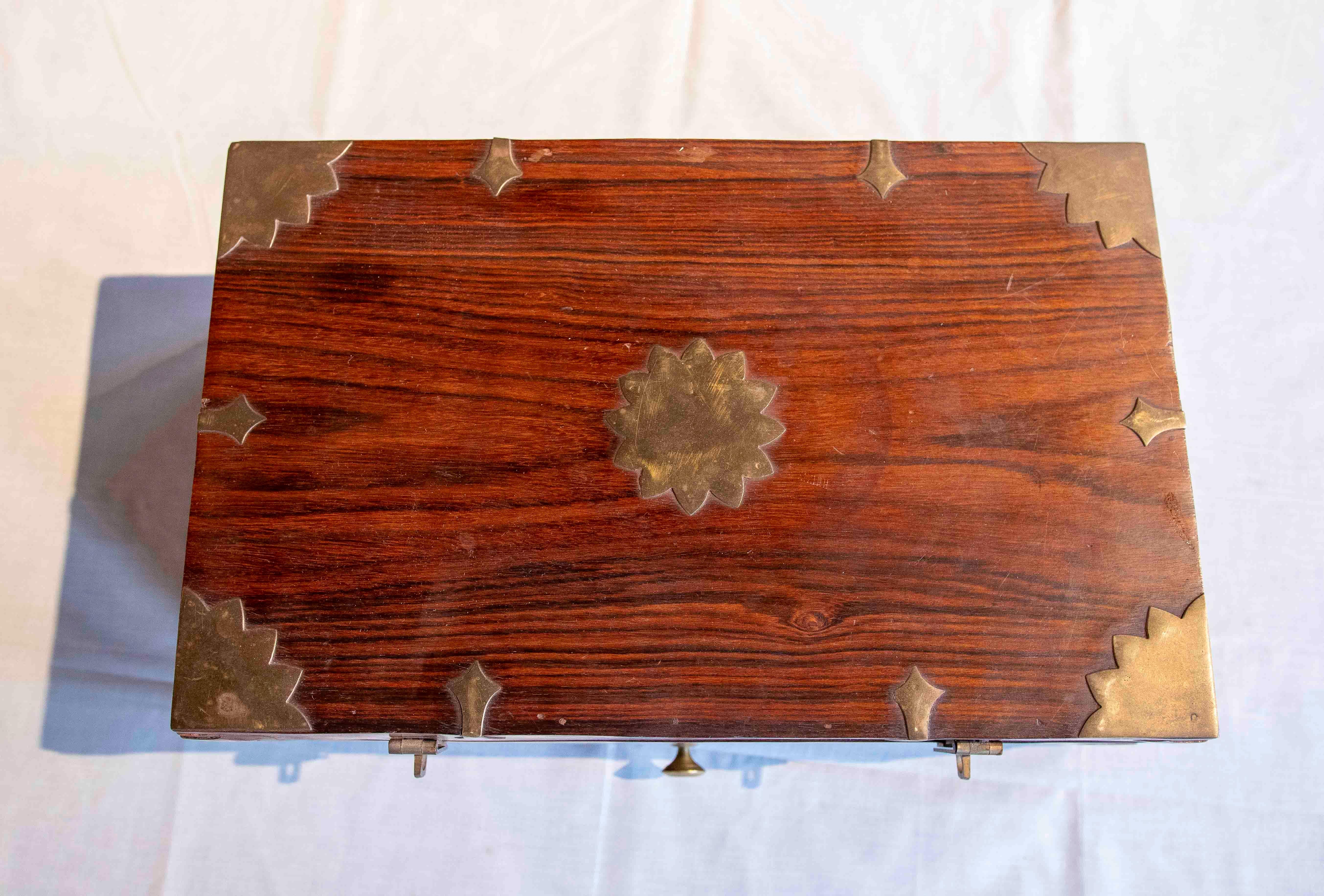 1930s Rosewood Campaign Desk Box with Brass Fittings For Sale 12