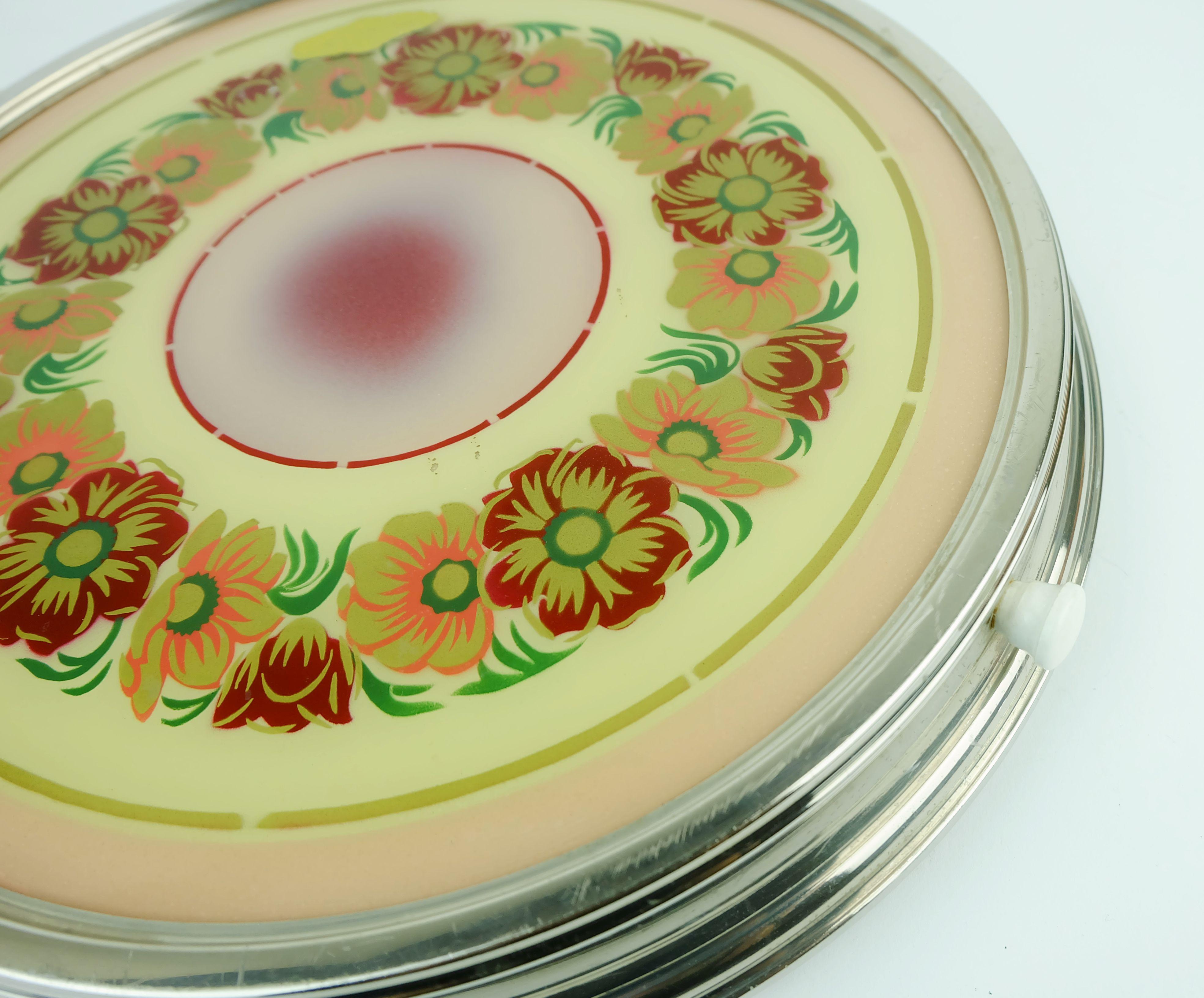 Piatto da torta girevole anni '30 in vetro cromato decorazione floreale in vendita 3
