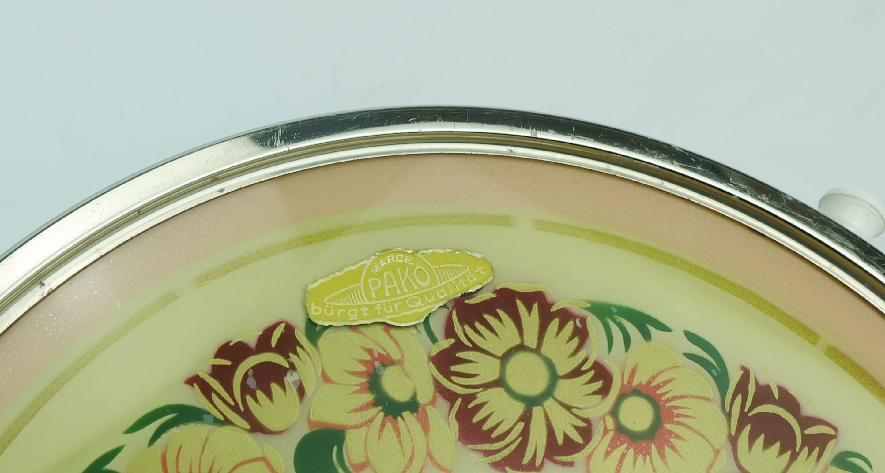 Piatto da torta girevole anni '30 in vetro cromato decorazione floreale in vendita 4