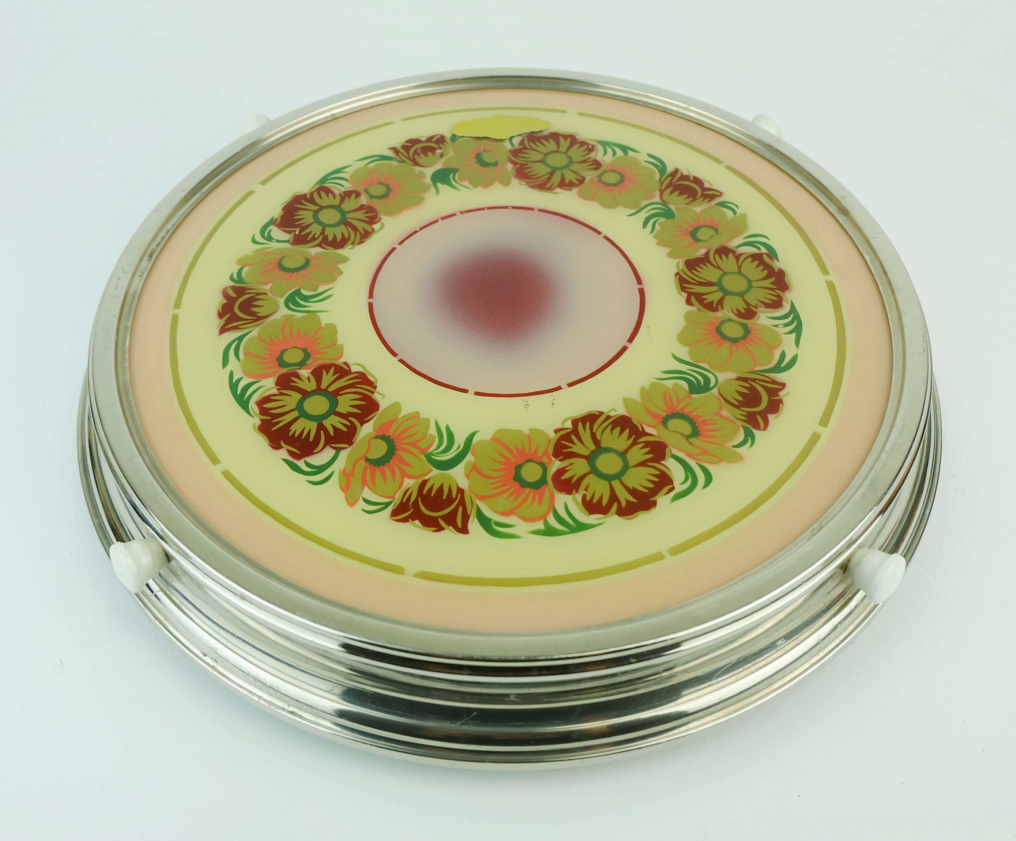 Metallo Piatto da torta girevole anni '30 in vetro cromato decorazione floreale in vendita