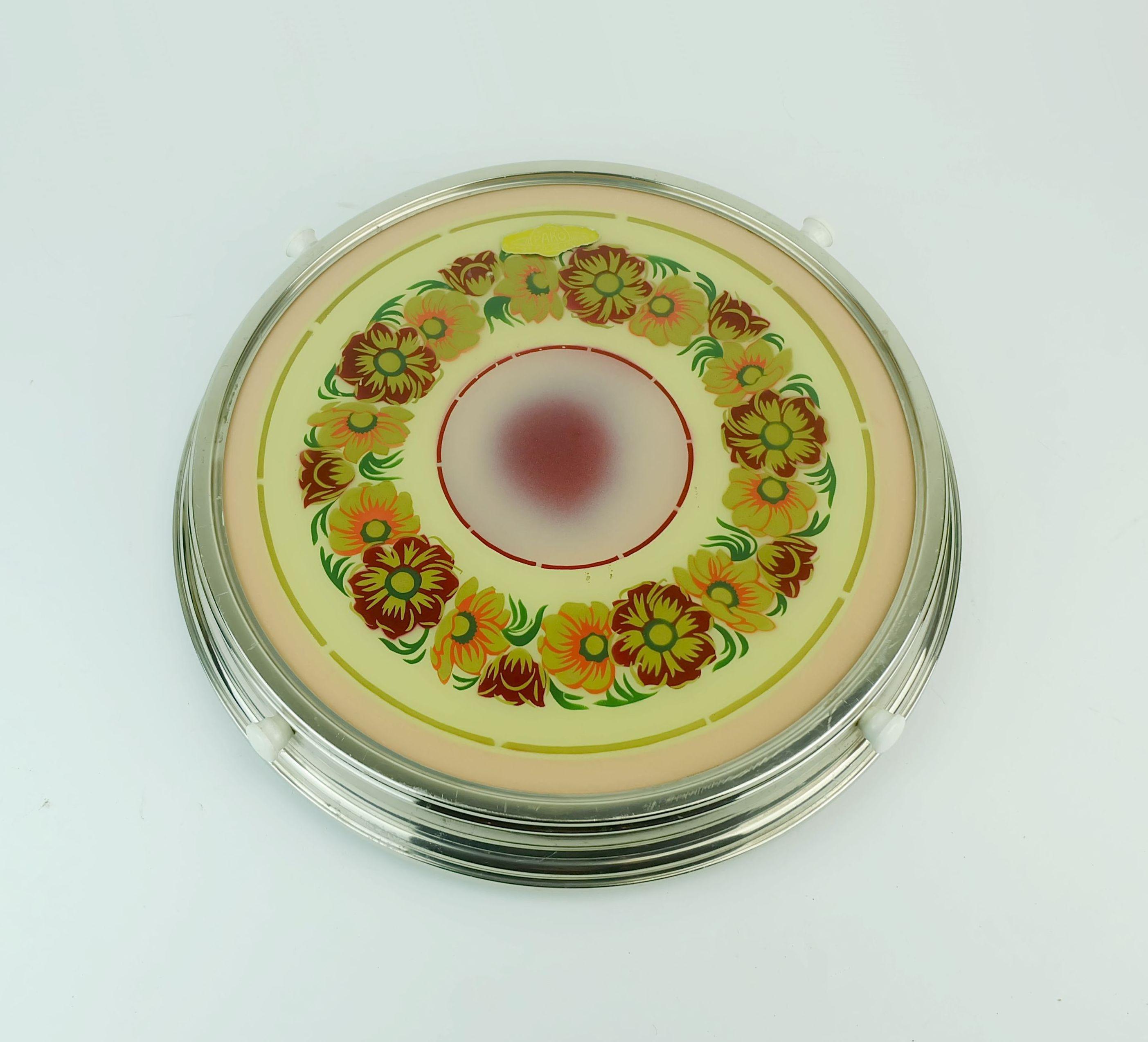 Piatto da torta girevole anni '30 in vetro cromato decorazione floreale in vendita 1