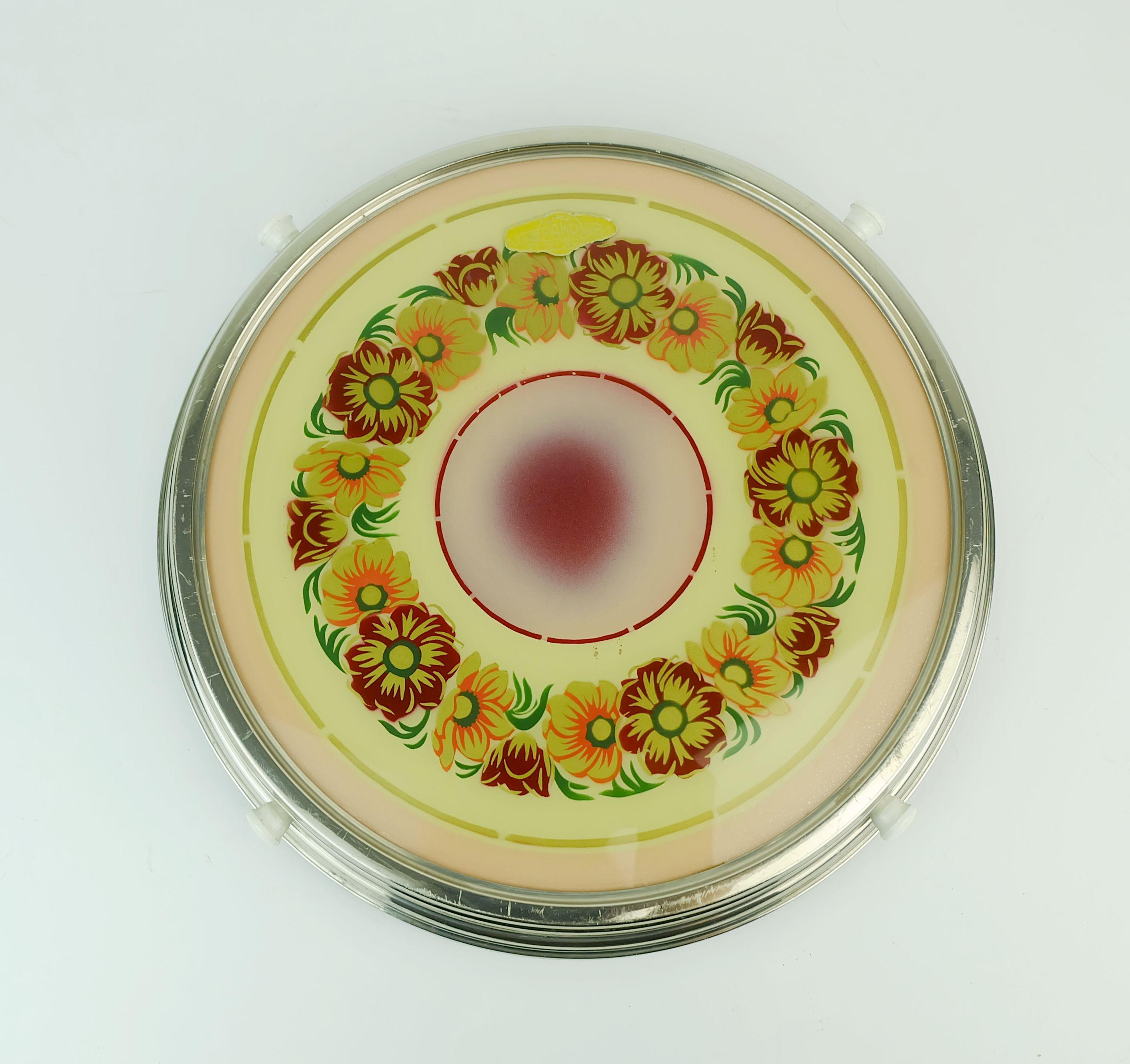 Piatto da torta girevole anni '30 in vetro cromato decorazione floreale in vendita 2