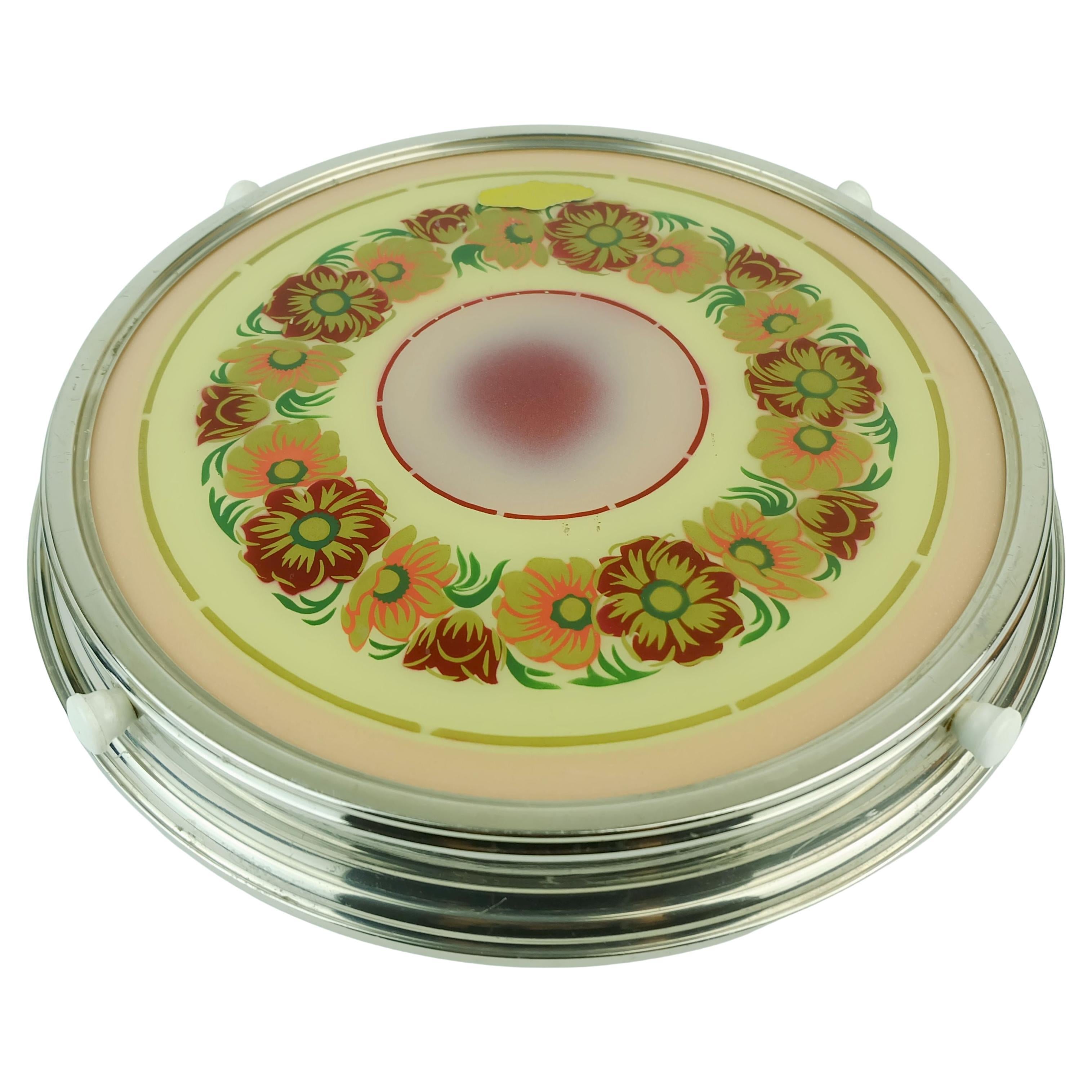 Piatto da torta girevole anni '30 in vetro cromato decorazione floreale in vendita