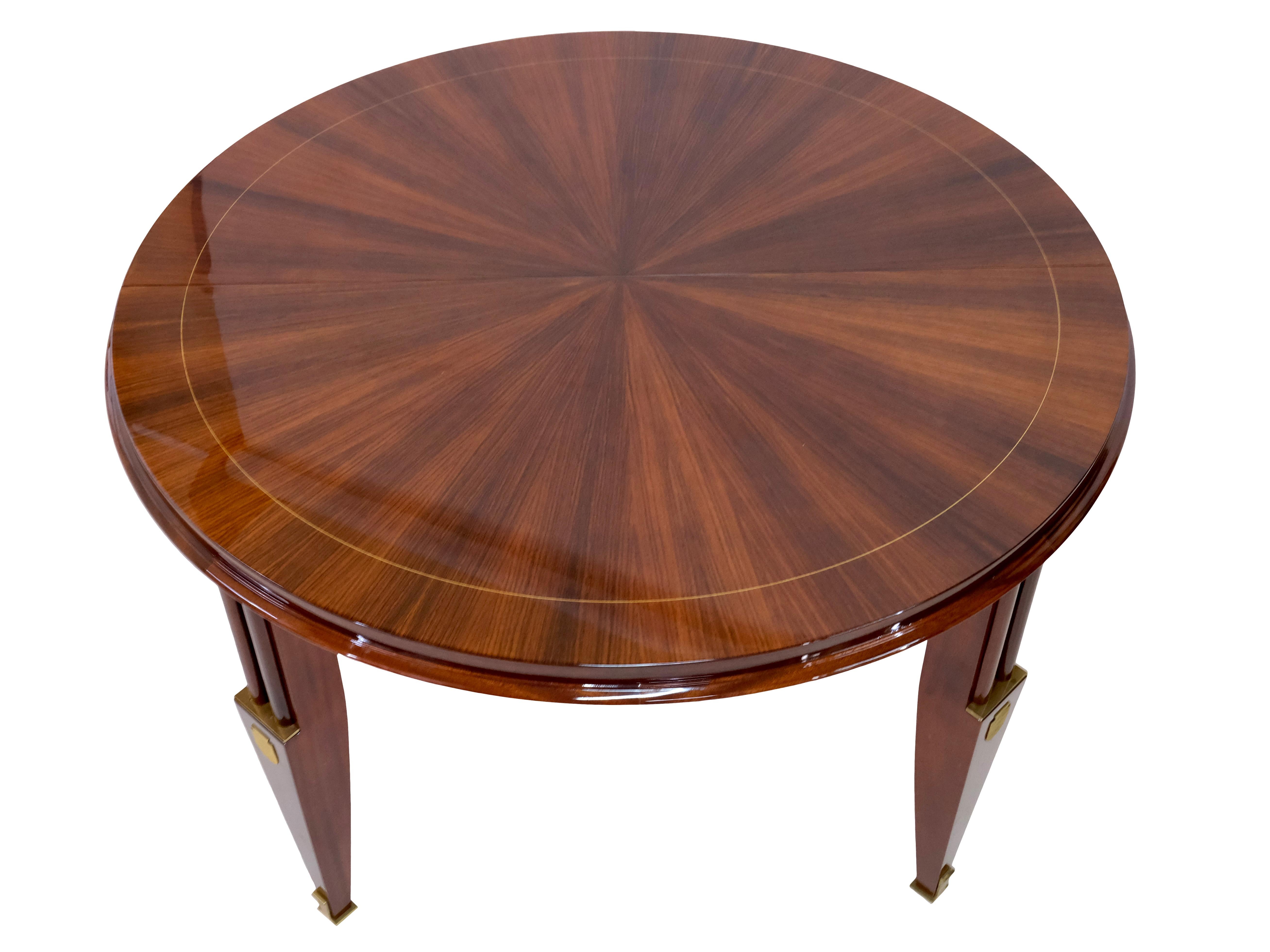 French 1930s Round Art Deco Dining or Center Table in Mahogany with Brass Fittings