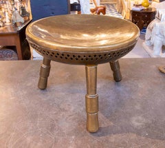 1930s Round Brass Charcoal Warmer Stool with Oriental-style Legs