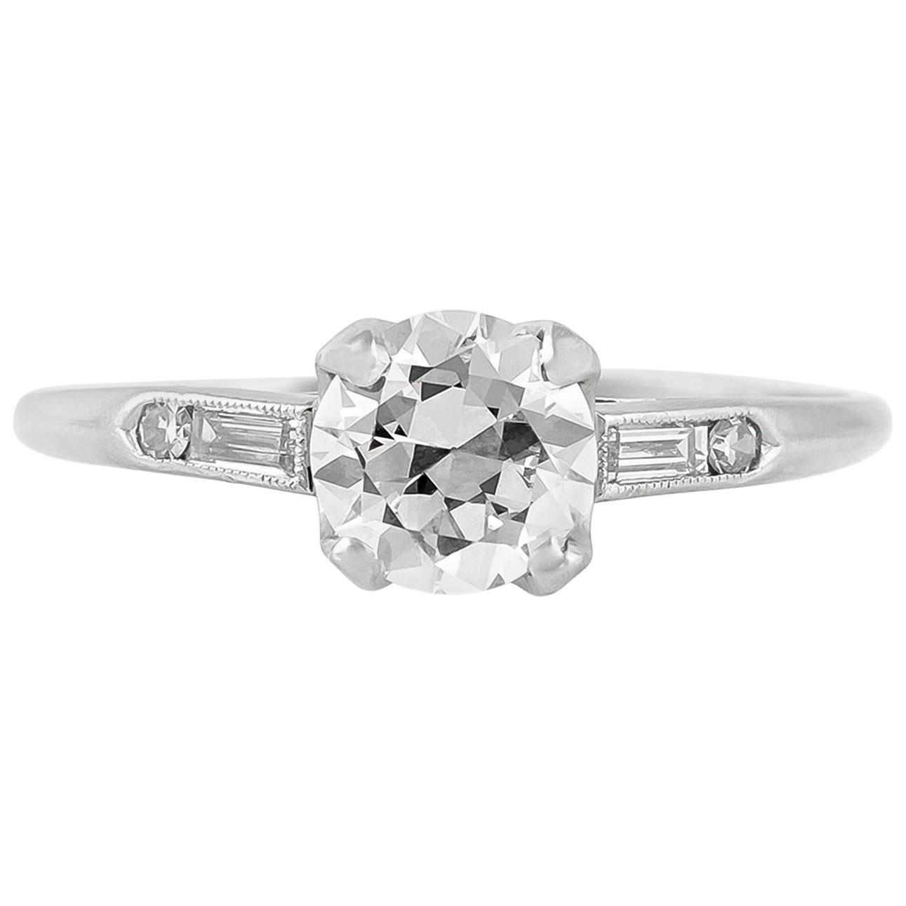 1930s Round Engagement Ring with Two Baguette For Sale