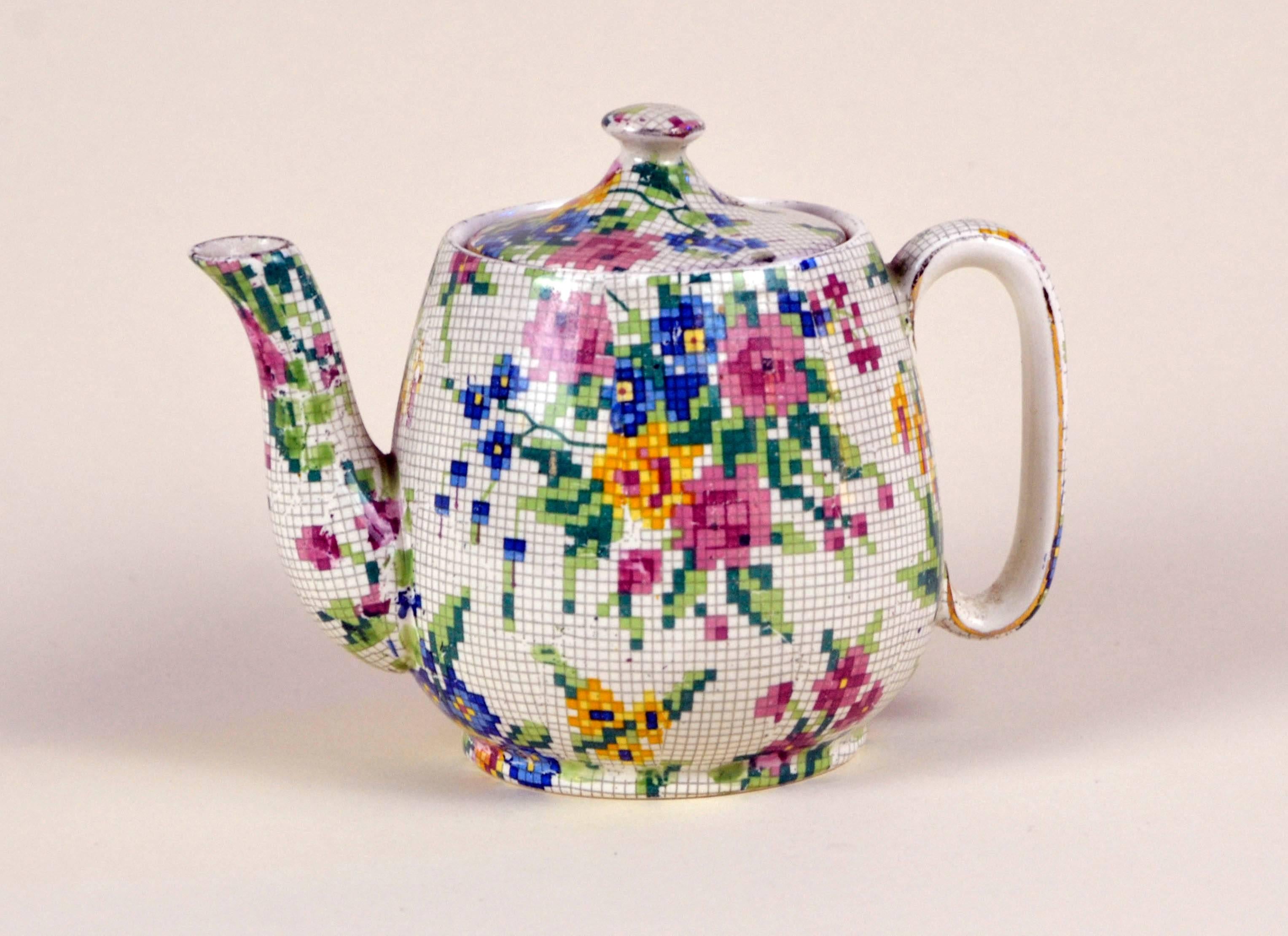 English 1930s Royal Winton Little Teapot Queen Anne Needlepoint Pattern Made in England For Sale