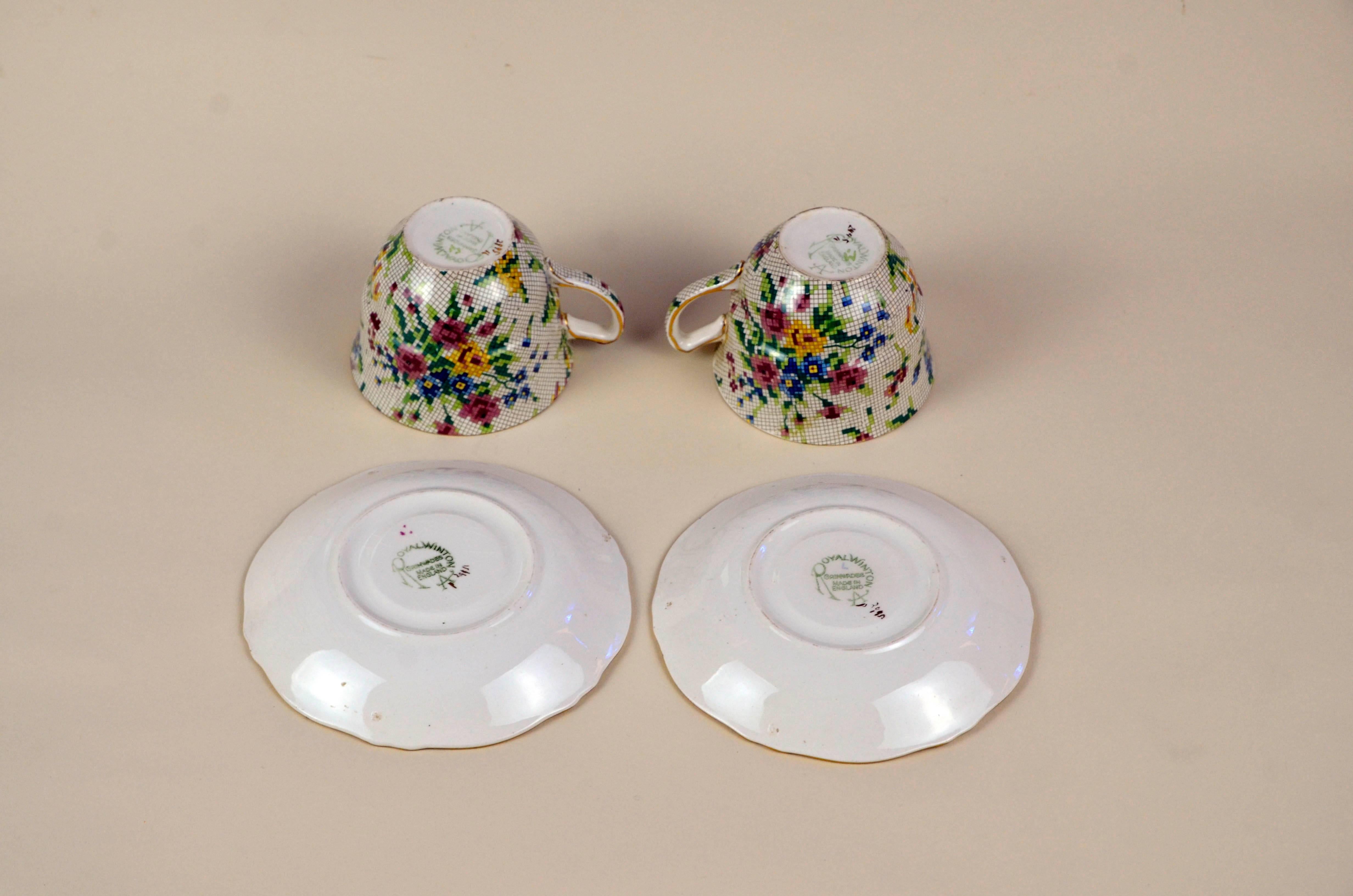 Mid-20th Century 1930s Royal Winton Pair of Two Tea Cups Anne Needlepoint Pattern Made in England For Sale