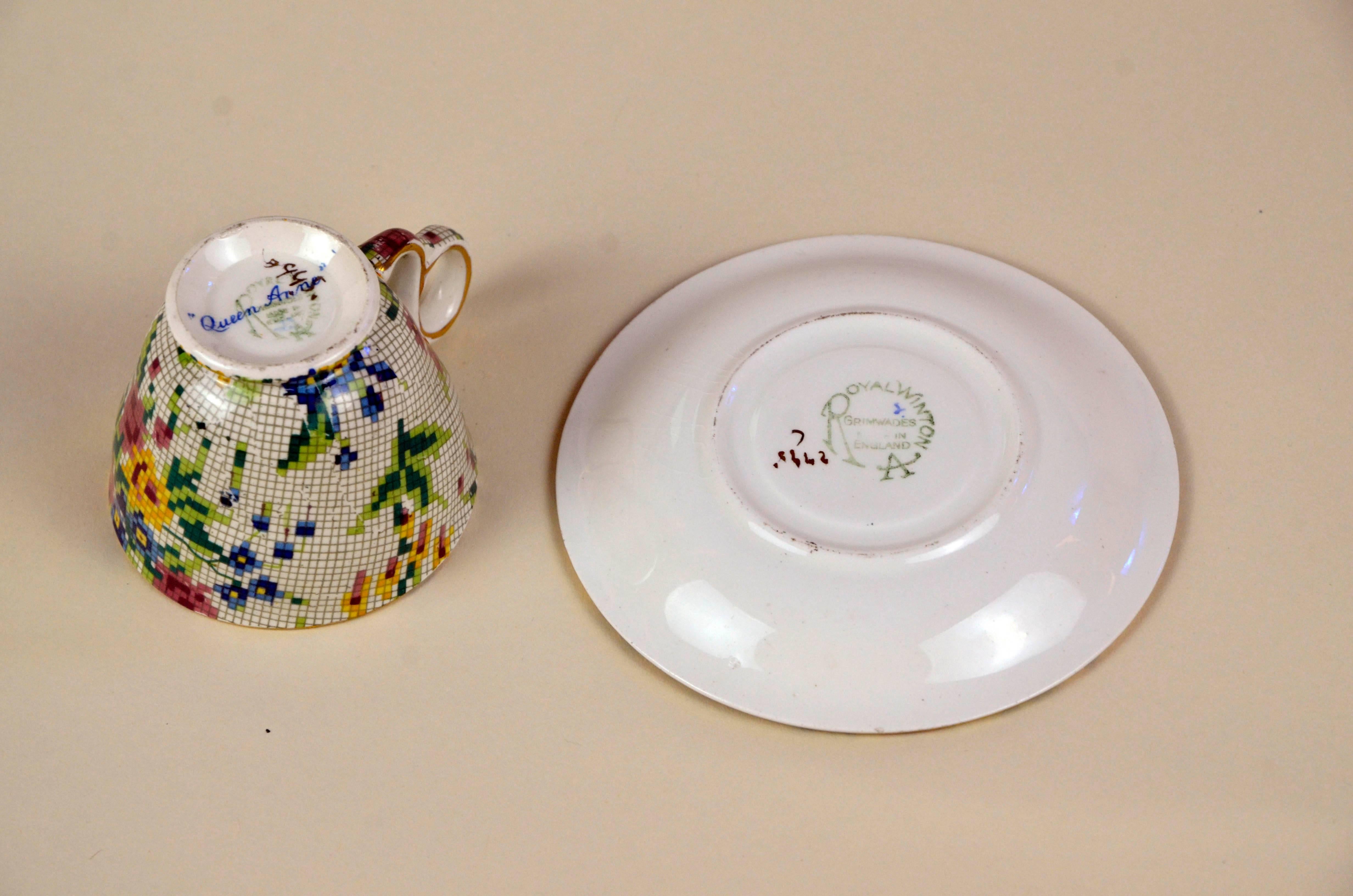 Earthenware 1930s Royal Winton Pair of Two Tea Cups Anne Needlepoint Pattern Made in England For Sale