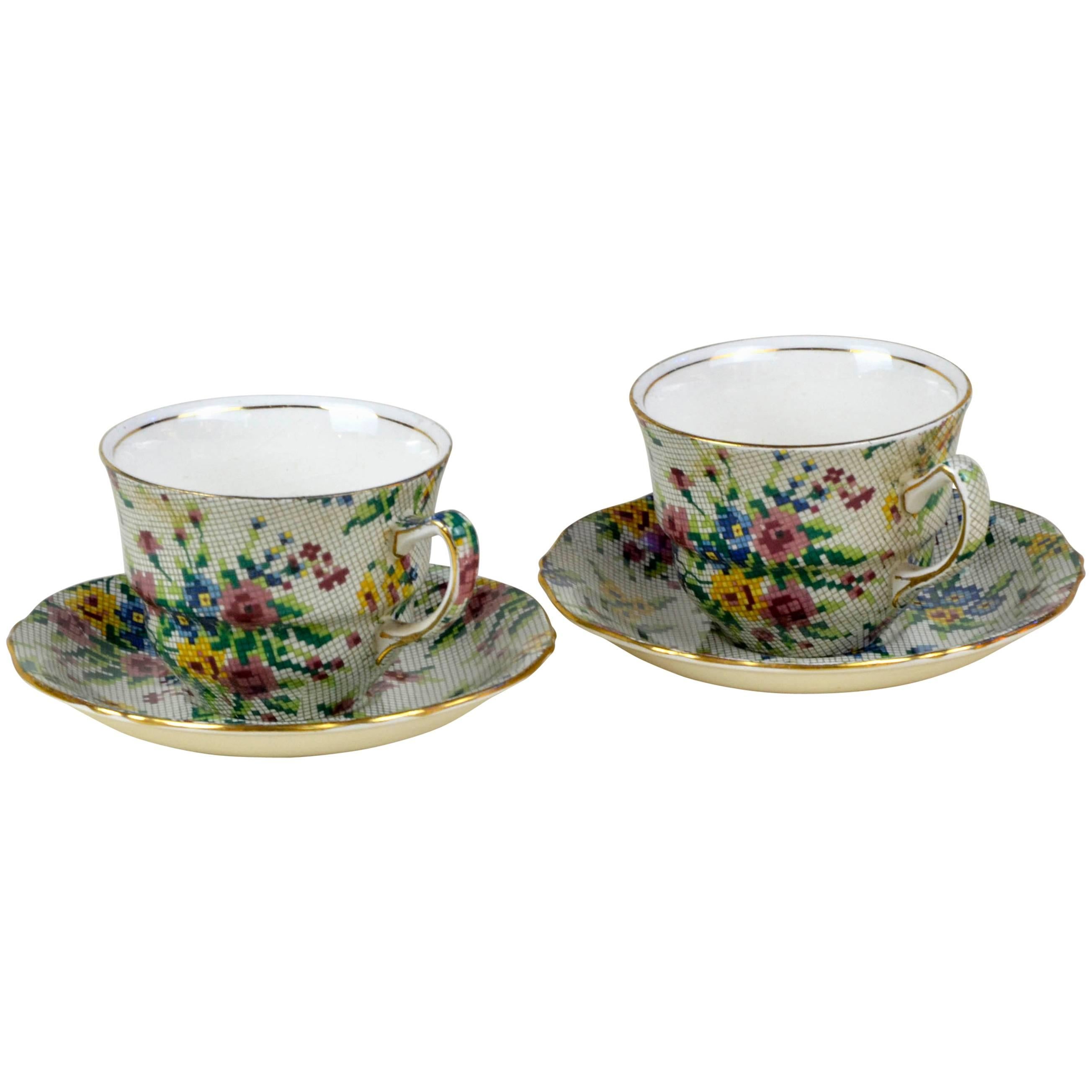 1930s Royal Winton Pair of Two Tea Cups Anne Needlepoint Pattern Made in England For Sale