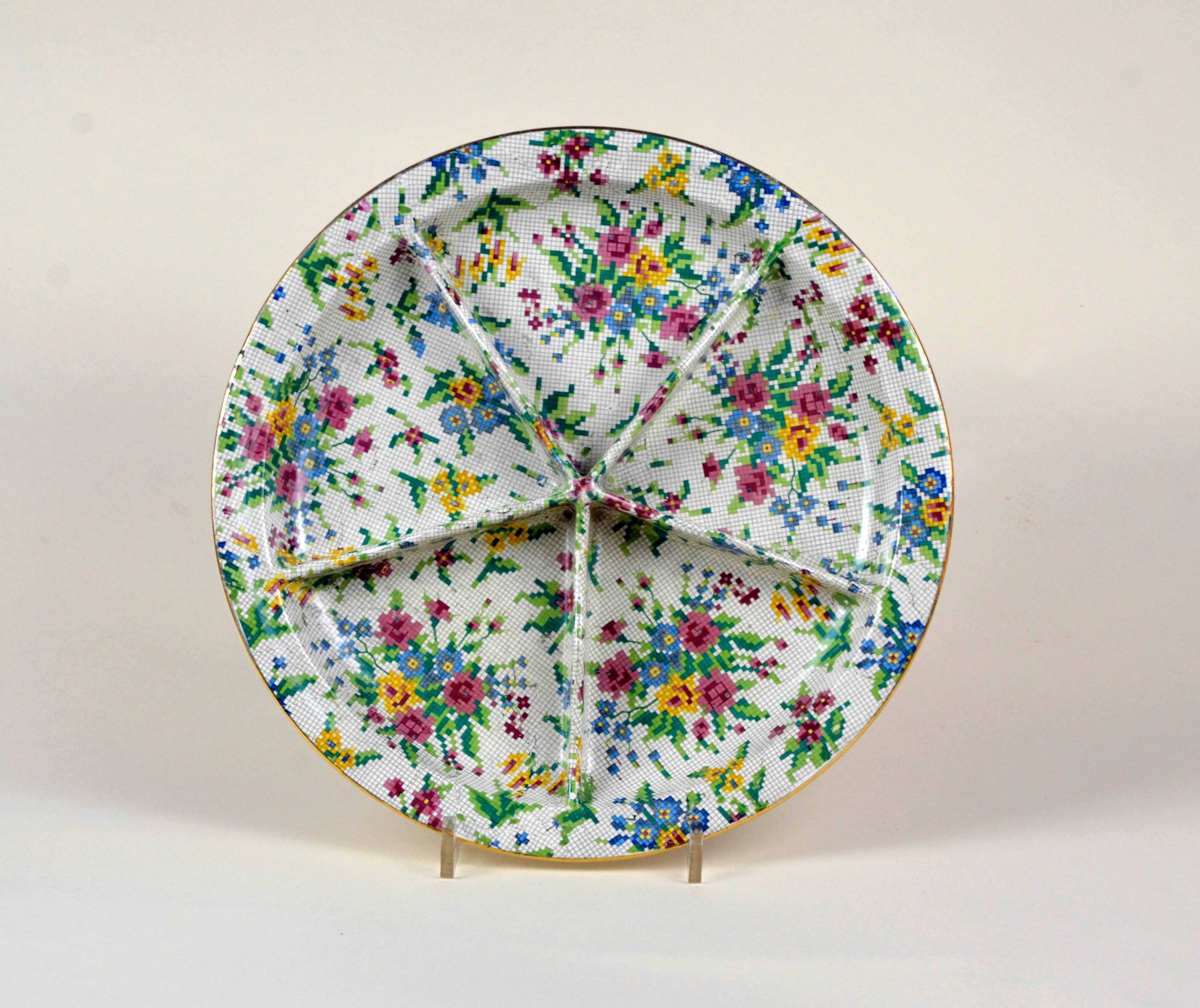 Rare Royal Winton earthenware relish dish in pristine condition, not restored and ready to be used. The Queen Anne (1936) needlepoint pattern is part of the famed Chintz collection by Royal Winton. It consists of bouquets of flowers in pink, blue