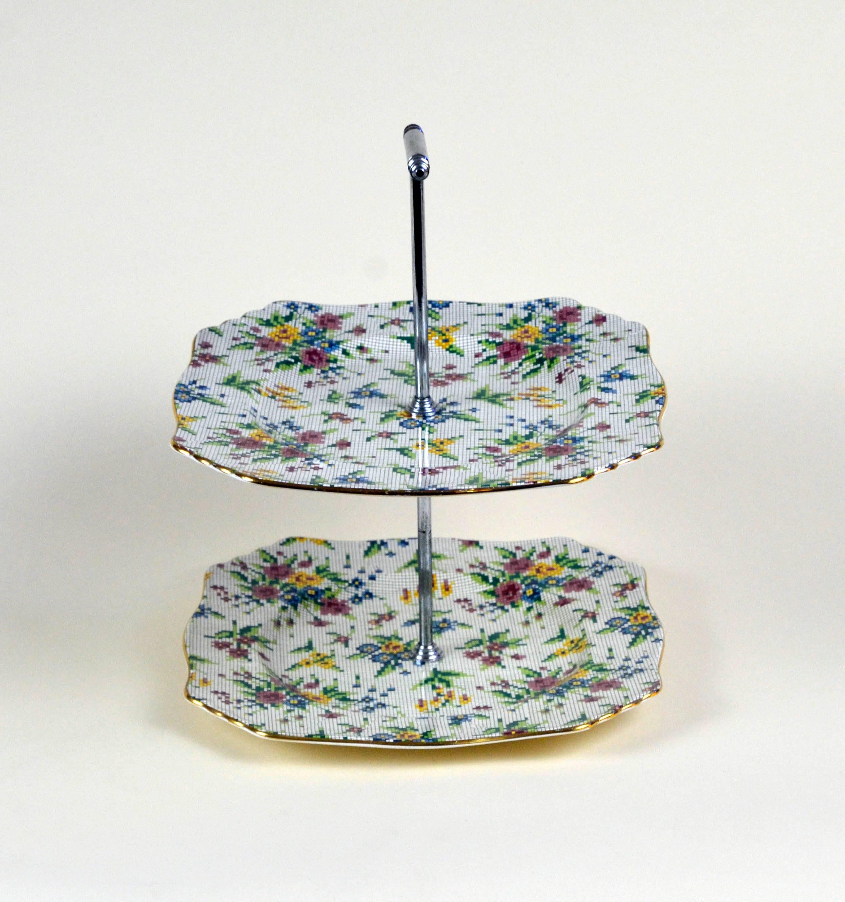 English 1930s Royal Winton Two-Tier Tidbit Tray Queen Anne Needlepoint Pattern