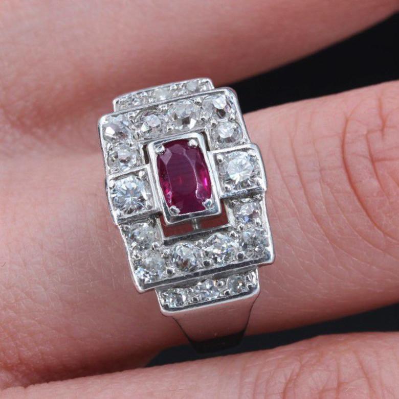 1930s Ruby Diamond Platinum Art Deco Ring For Sale 8