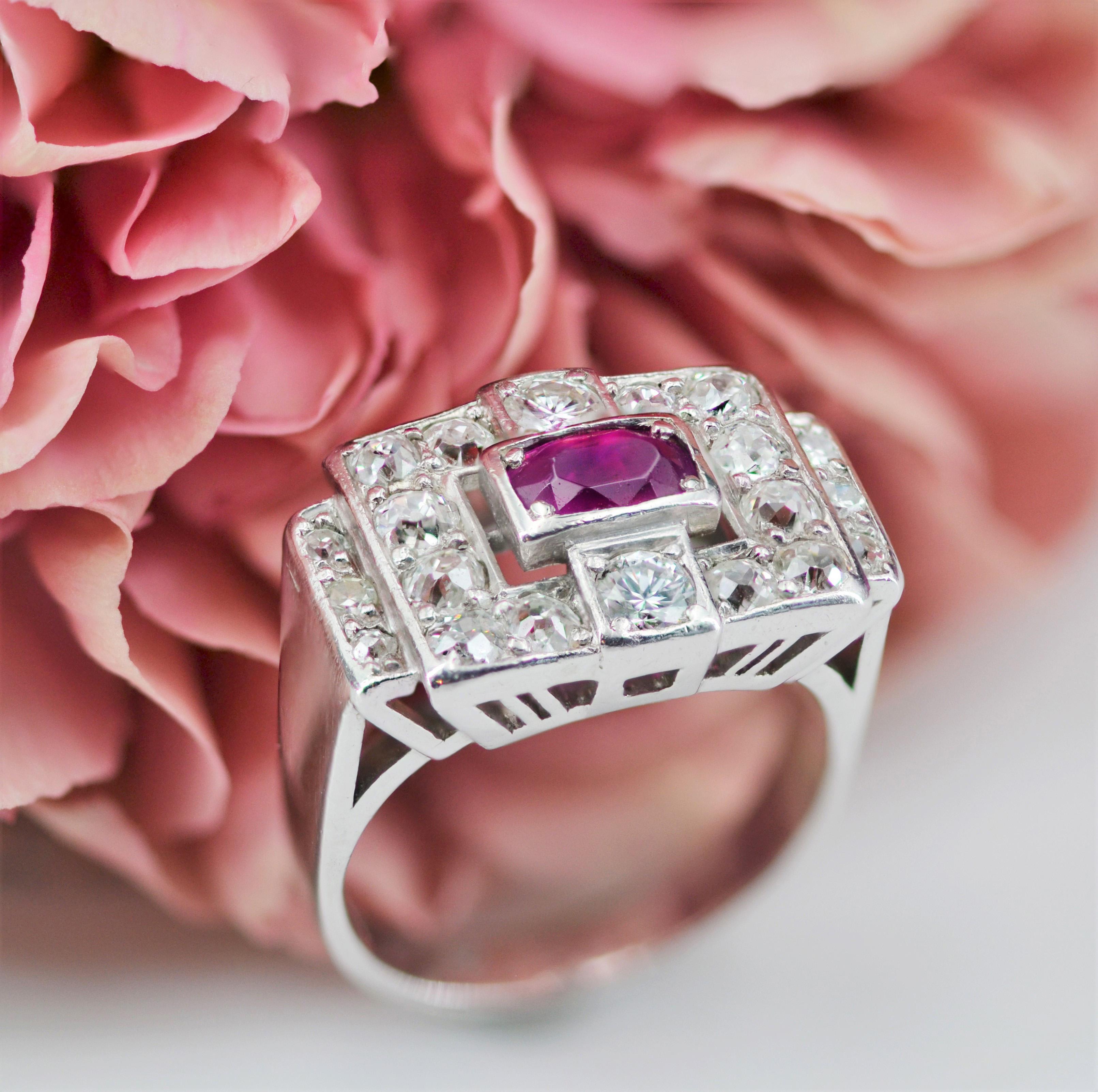 1930s Ruby Diamond Platinum Art Deco Ring For Sale 6