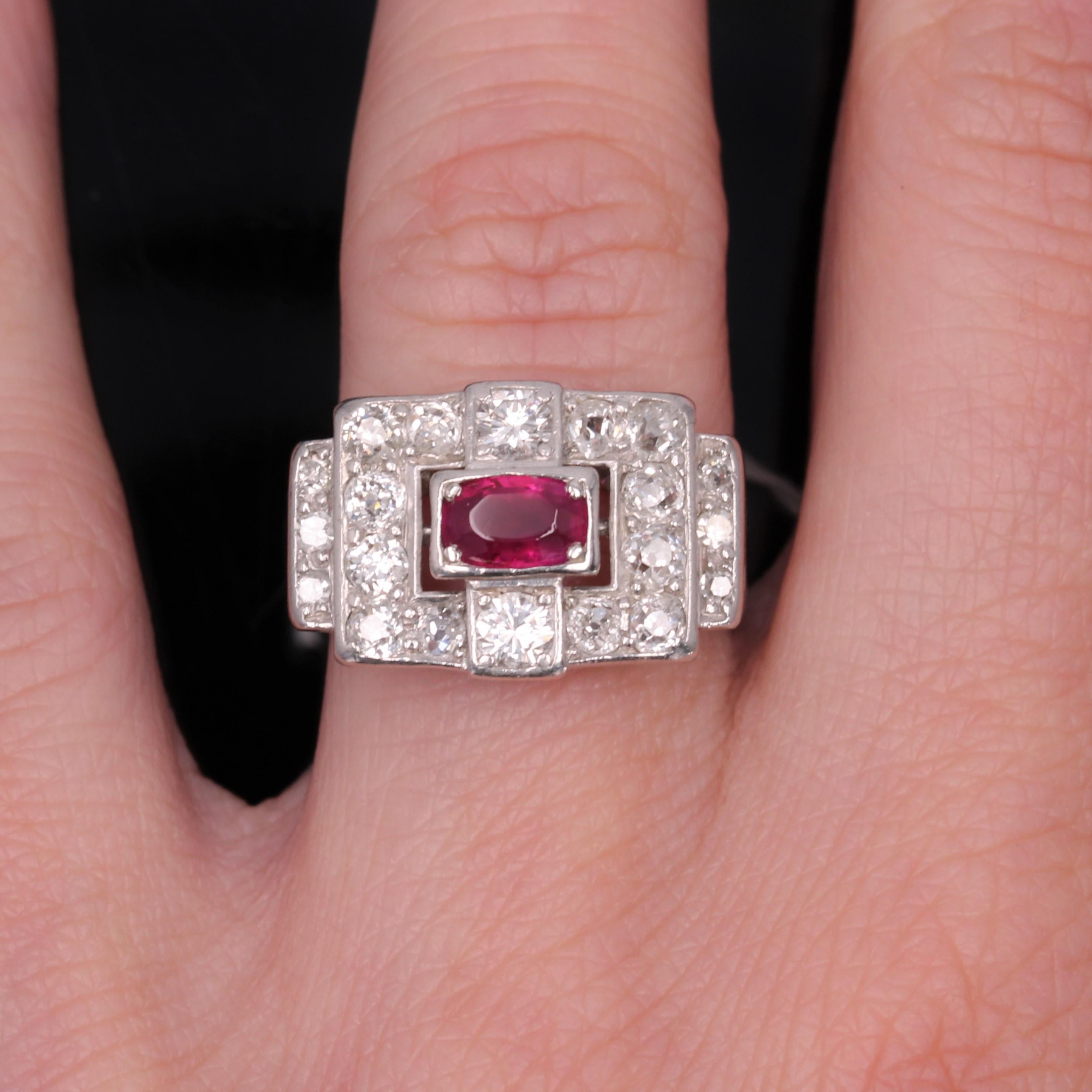 Women's 1930s Ruby Diamond Platinum Art Deco Ring For Sale