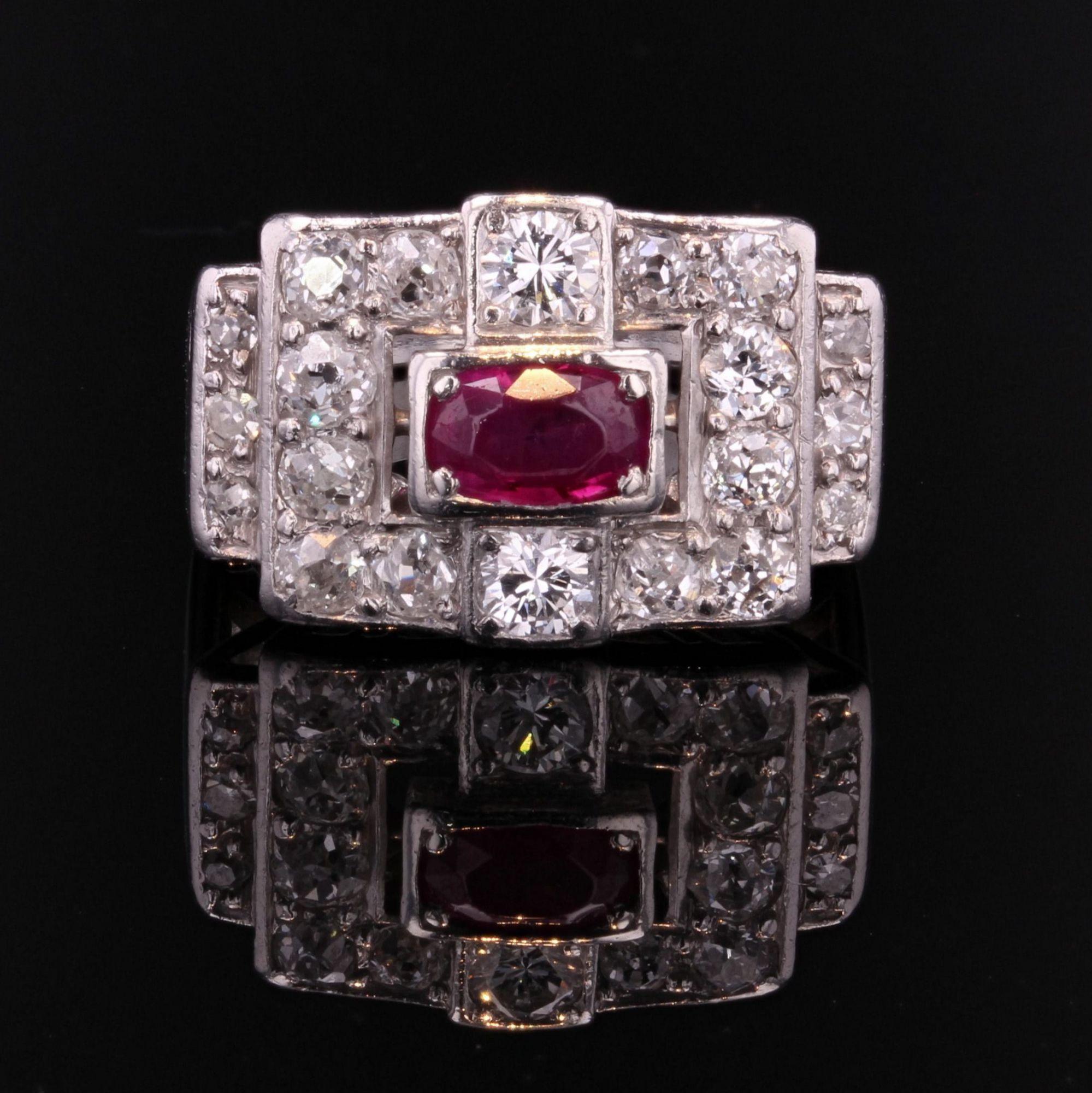 Brilliant Cut 1930s Ruby Diamond Platinum Art Deco Ring For Sale