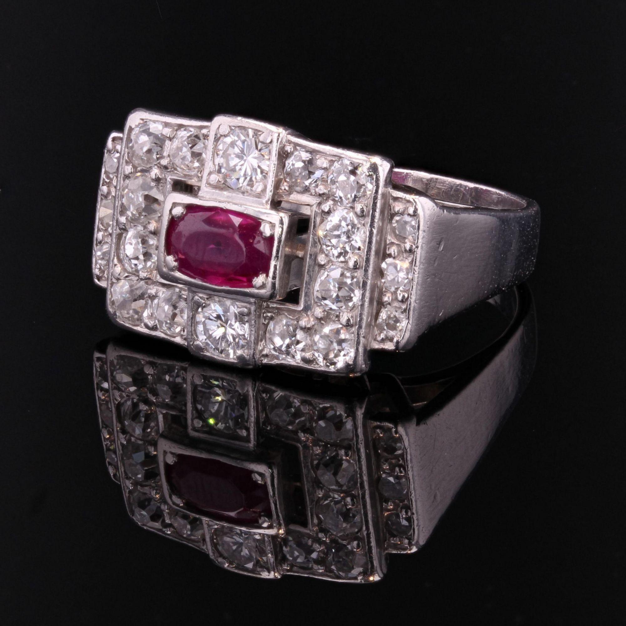 1930s Ruby Diamond Platinum Art Deco Ring For Sale 2