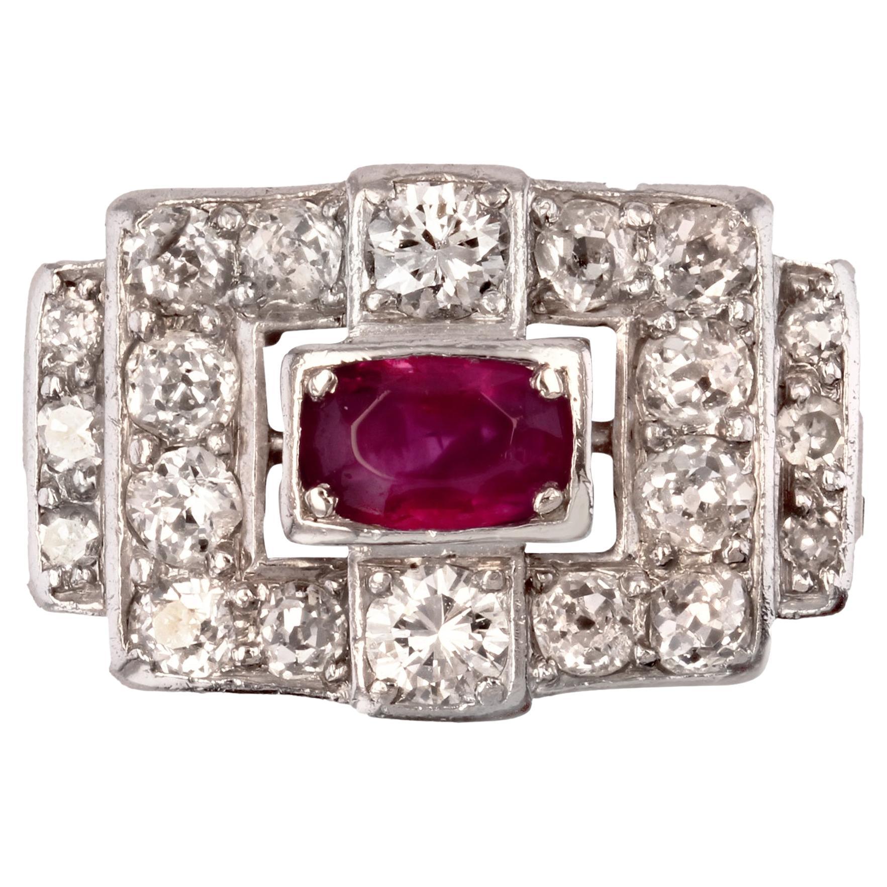 1930s Ruby Diamond Platinum Art Deco Ring For Sale