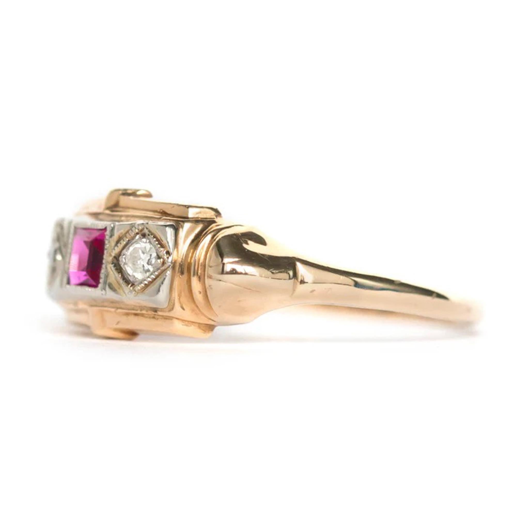 1930's Antique Ruby & Diamond Ring in 14K Yellow Gold and Old Miner Cut Diamonds - VEG#13

Details 
Ring Size: 8.5
Metal Type: 14K Yellow and White Gold
Weight: 2.0 grams

Color Stone Details: 
Type: Ruby, Natural
Carat Weight: .08ct
Color: Purplish